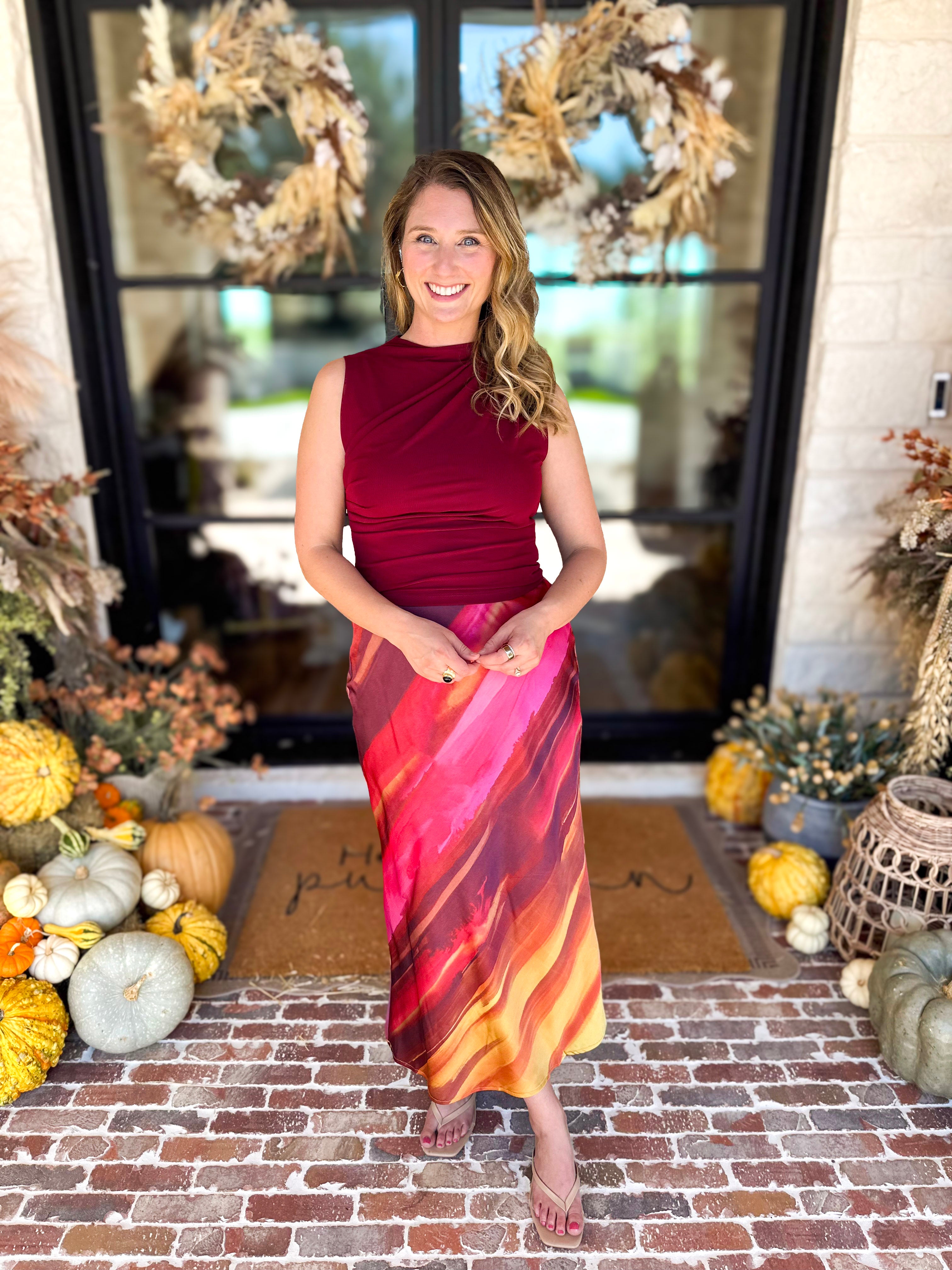 Golden Sunset Satin Midi Skirt-410 Shorts/Skirts-DRESS FORUM-July & June Women's Fashion Boutique Located in San Antonio, Texas