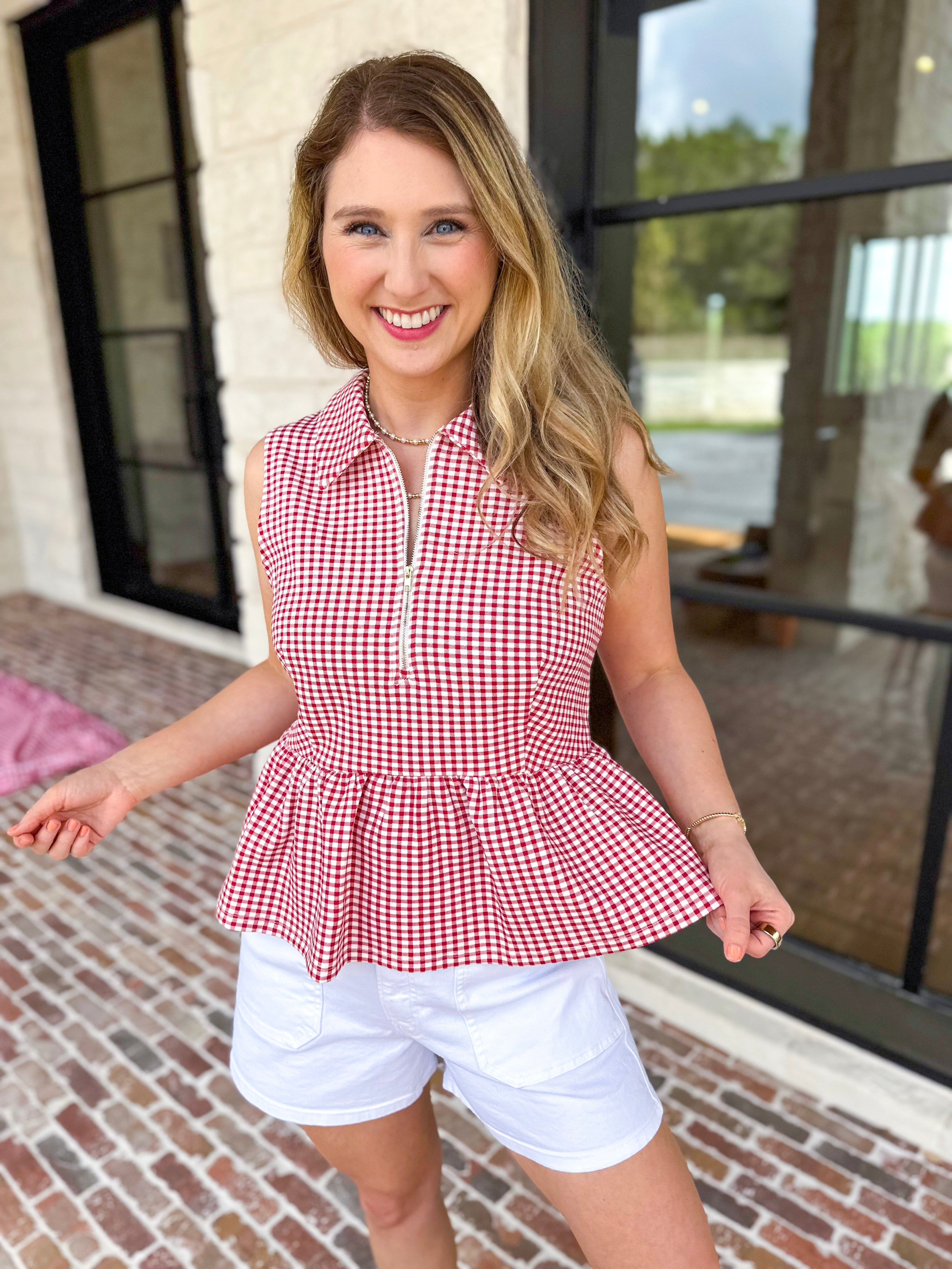Sweetheart Gingham Red Blouse-200 Fashion Blouses-ENTRO-July & June Women's Fashion Boutique Located in San Antonio, Texas