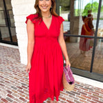 Current Air - Bold Red Blooms Midi Dress-500 Midi-CURRENT AIR CLOTHING-July & June Women's Fashion Boutique Located in San Antonio, Texas
