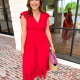 Current Air - Bold Red Blooms Midi Dress-500 Midi-CURRENT AIR CLOTHING-July & June Women's Fashion Boutique Located in San Antonio, Texas