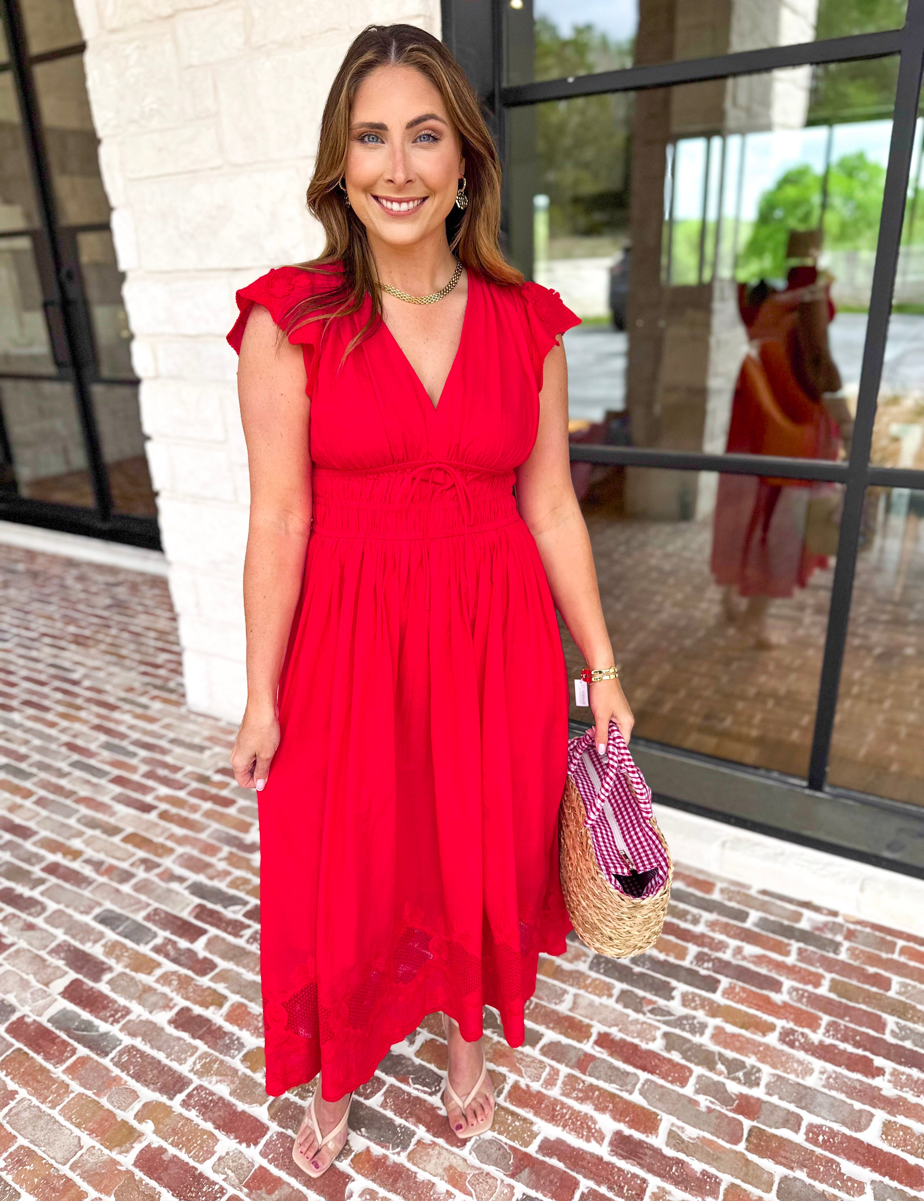 Current Air - Bold Red Blooms Midi Dress-500 Midi-CURRENT AIR CLOTHING-July & June Women's Fashion Boutique Located in San Antonio, Texas