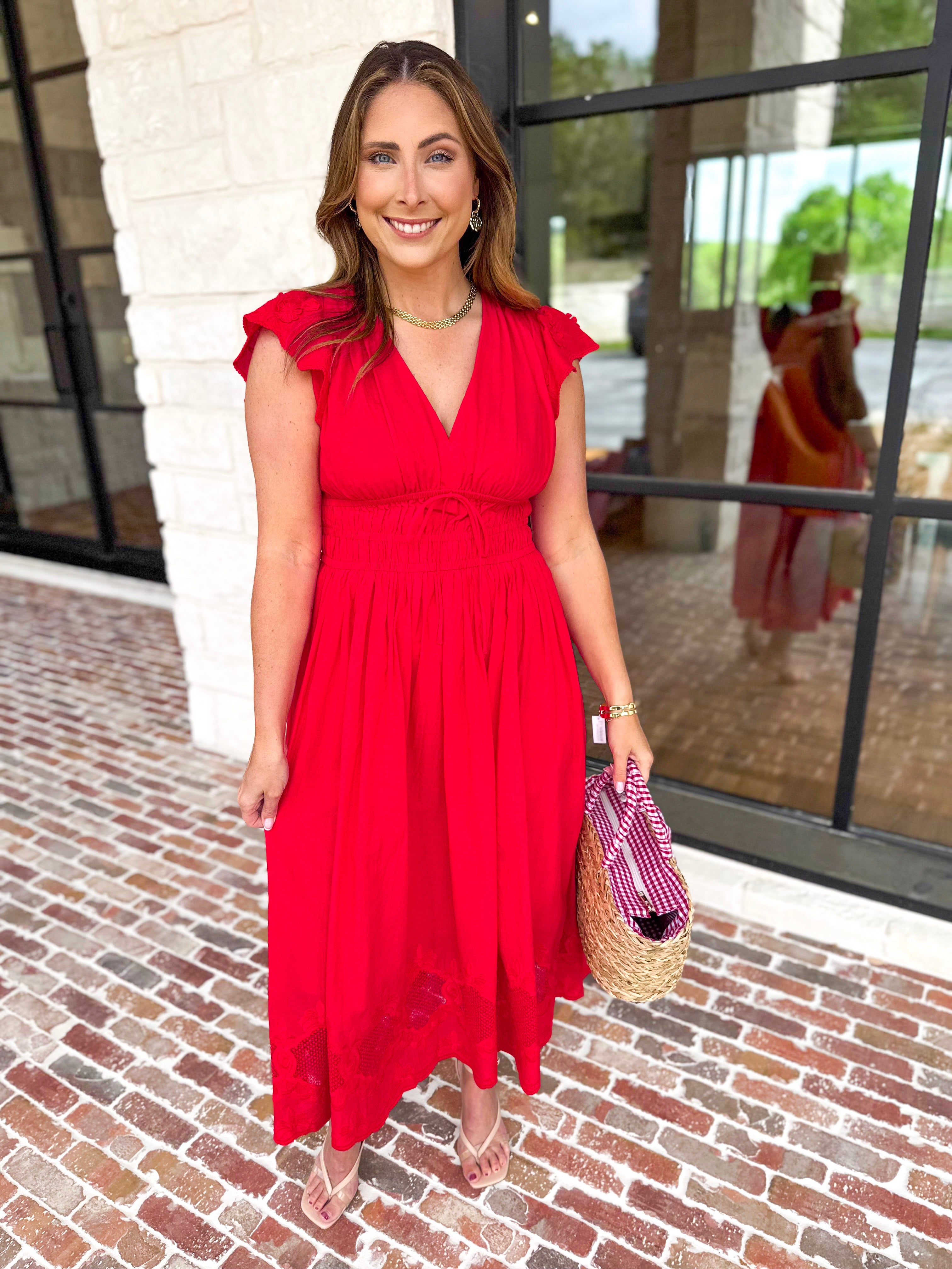 Current Air - Bold Red Blooms Midi Dress-500 Midi-CURRENT AIR CLOTHING-July & June Women's Fashion Boutique Located in San Antonio, Texas