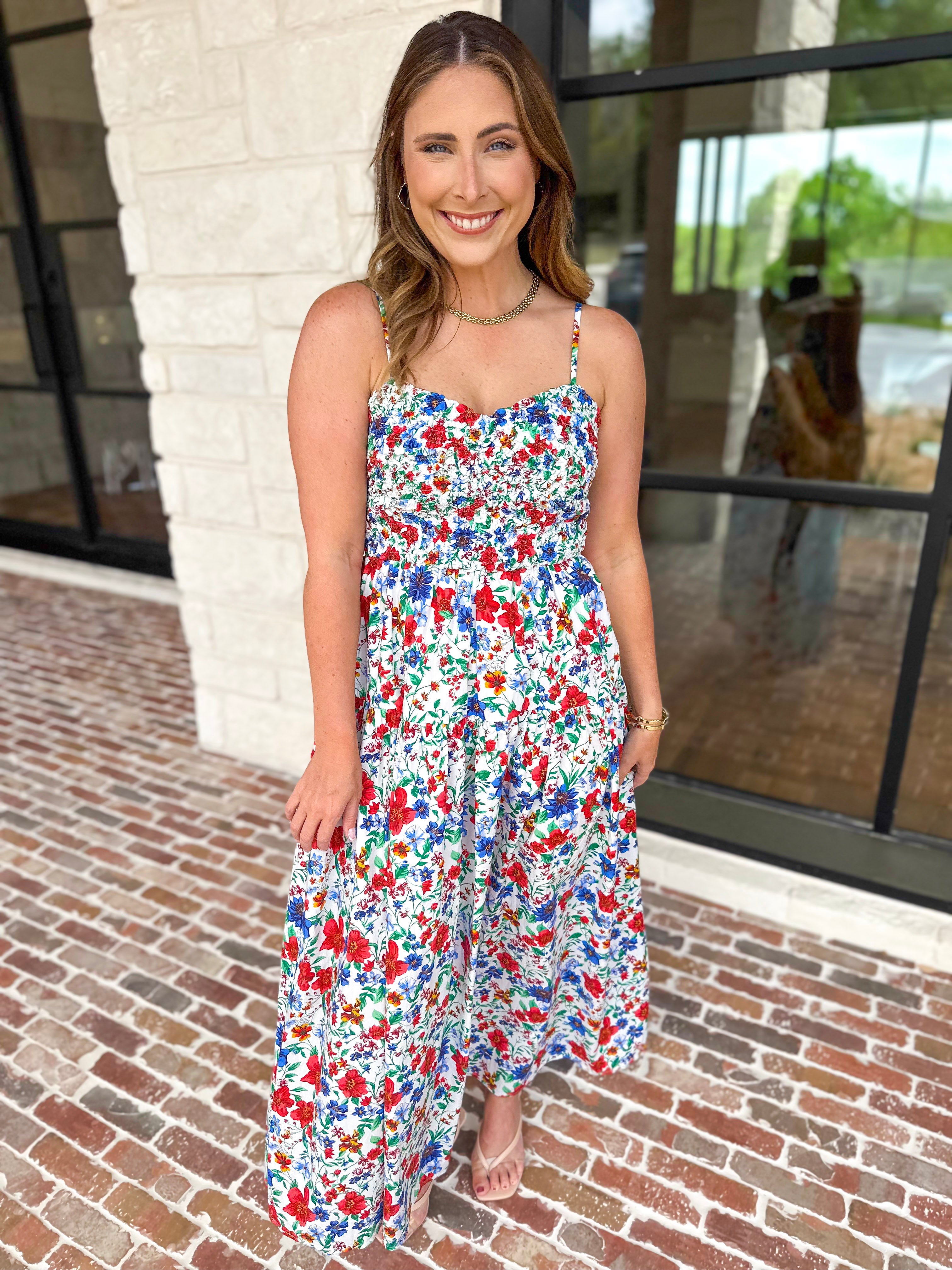Summer In Bloom Midi Dress-500 Midi-SKIES ARE BLUE-July & June Women's Fashion Boutique Located in San Antonio, Texas