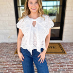 Ivory Eyelet Bow Front Blouse-200 Fashion Blouses-ALLIE ROSE-July & June Women's Fashion Boutique Located in San Antonio, Texas