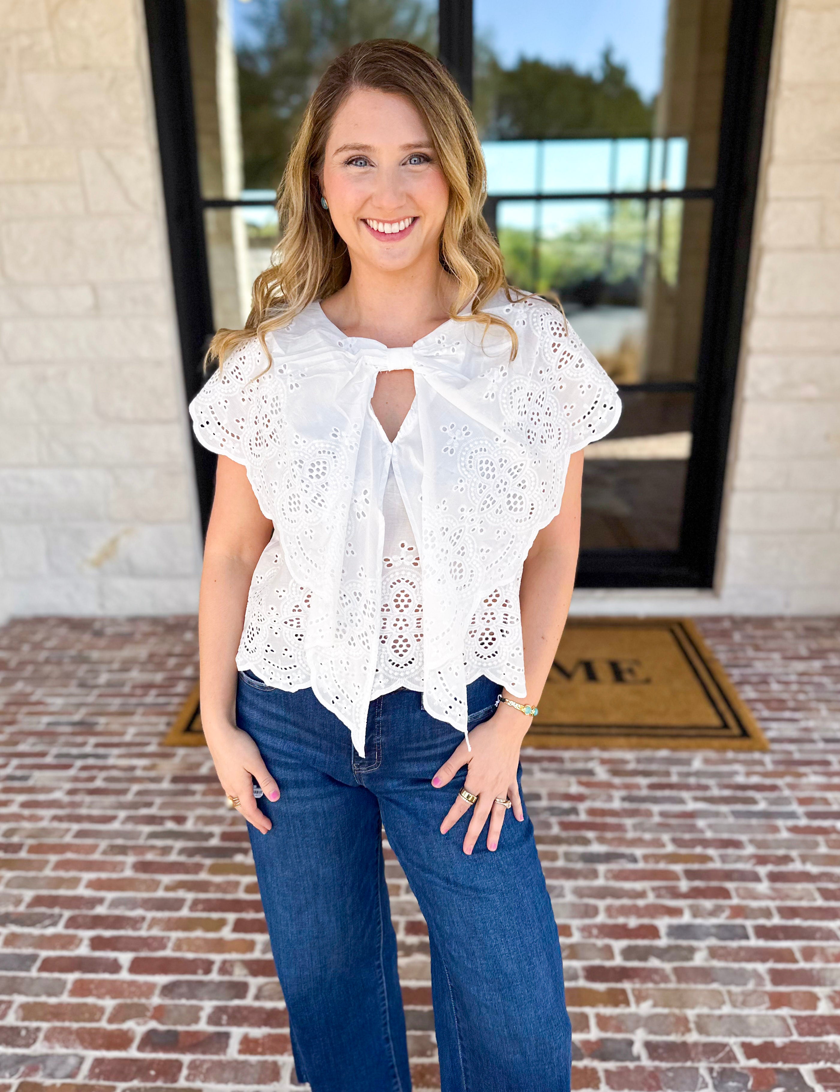 Ivory Eyelet Bow Front Blouse-200 Fashion Blouses-ALLIE ROSE-July & June Women's Fashion Boutique Located in San Antonio, Texas