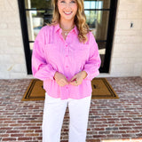 Pink Pinstripe Button Down Blouse-200 Fashion Blouses-FATE-July & June Women's Fashion Boutique Located in San Antonio, Texas