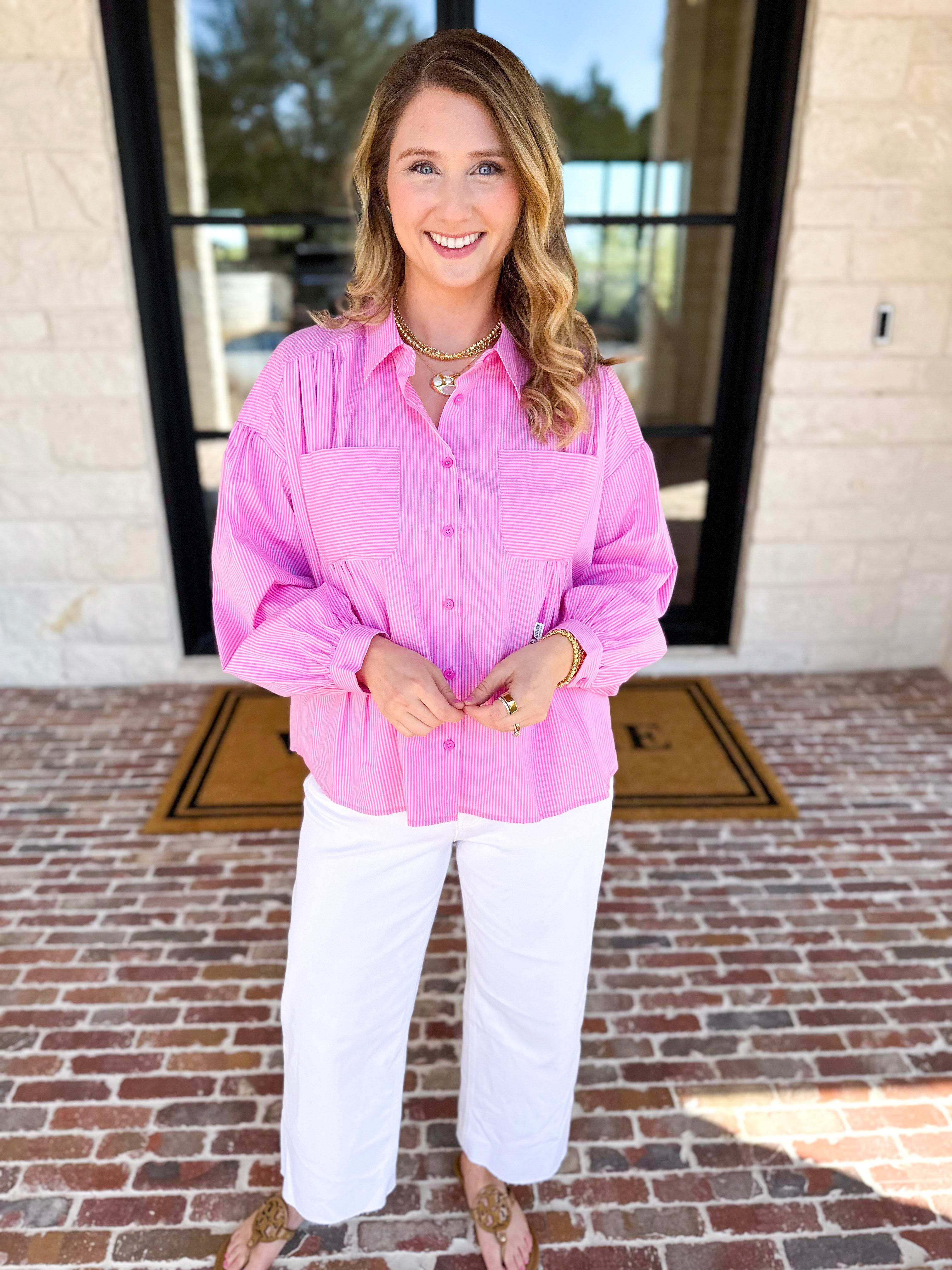 Pink Pinstripe Button Down Blouse-200 Fashion Blouses-FATE-July & June Women's Fashion Boutique Located in San Antonio, Texas
