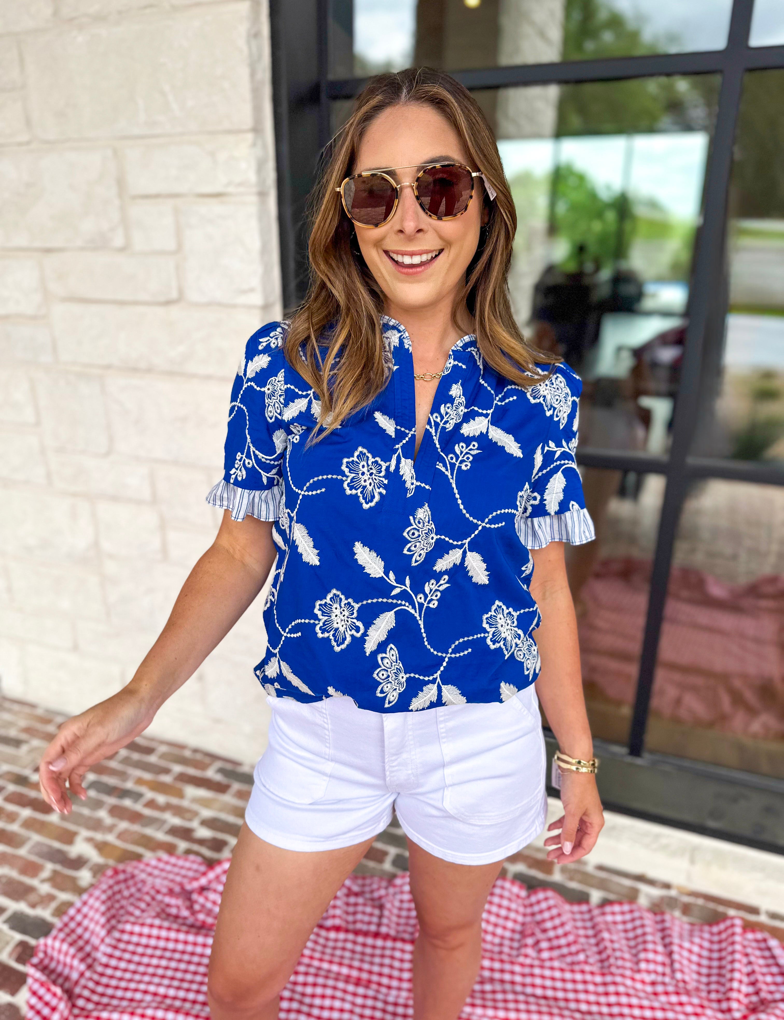 Current Air - Cobalt Floral Blouse-200 Fashion Blouses-CURRENT AIR CLOTHING-July & June Women's Fashion Boutique Located in San Antonio, Texas