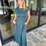 Polished Pin-Tuck Midi Dress - Pine Green-500 Midi-ENTRO-July & June Women's Fashion Boutique Located in San Antonio, Texas