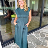 Polished Pin-Tuck Midi Dress - Pine Green-500 Midi-ENTRO-July & June Women's Fashion Boutique Located in San Antonio, Texas