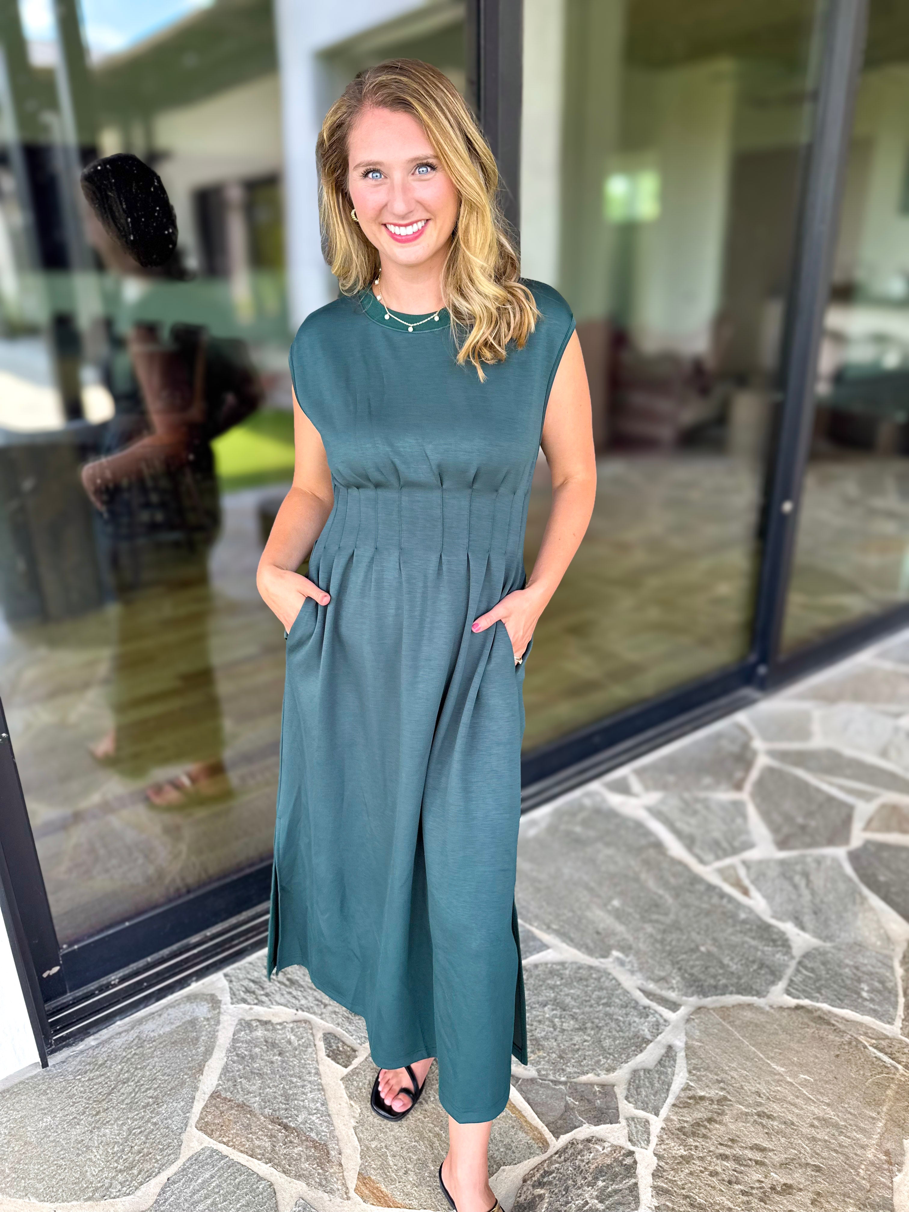 Polished Pin-Tuck Midi Dress - Pine Green-500 Midi-ENTRO-July & June Women's Fashion Boutique Located in San Antonio, Texas