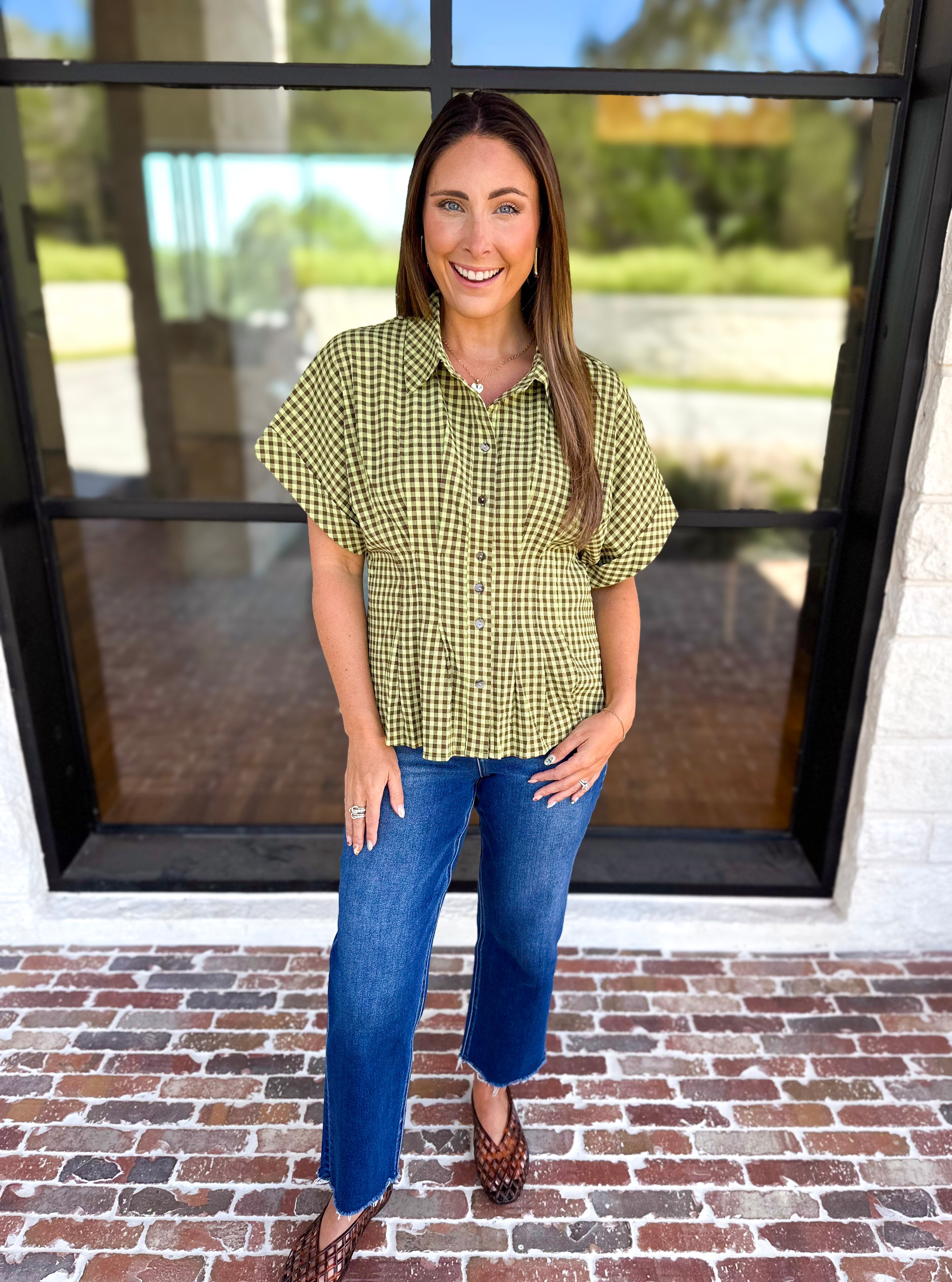 Living Life Gingham Top - Matcha-200 Fashion Blouses-ENTRO-July & June Women's Fashion Boutique Located in San Antonio, Texas