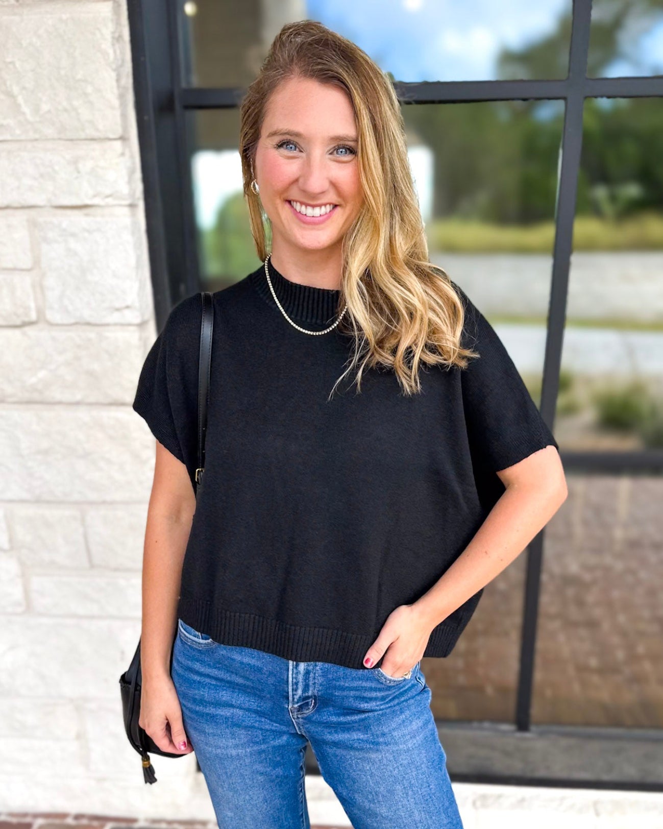 Easy Going Short Sleeve Knit Top - Black-230 Sweaters/Cardis-PINCH-July & June Women's Fashion Boutique Located in San Antonio, Texas