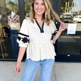 Ecru & Black Embroidered Blouse-200 Fashion Blouses-ENTRO-July & June Women's Fashion Boutique Located in San Antonio, Texas