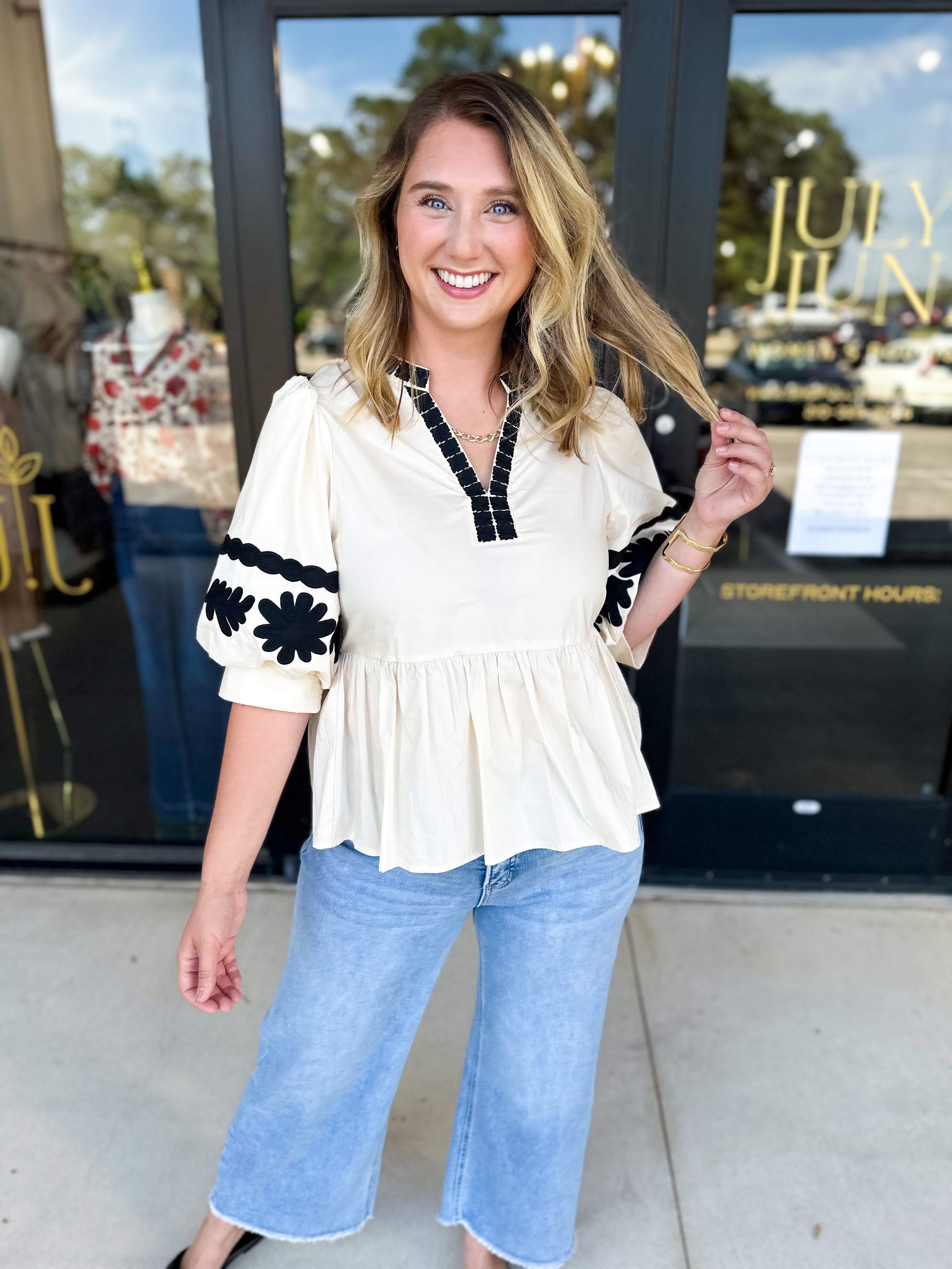 Ecru & Black Embroidered Blouse-200 Fashion Blouses-ENTRO-July & June Women's Fashion Boutique Located in San Antonio, Texas