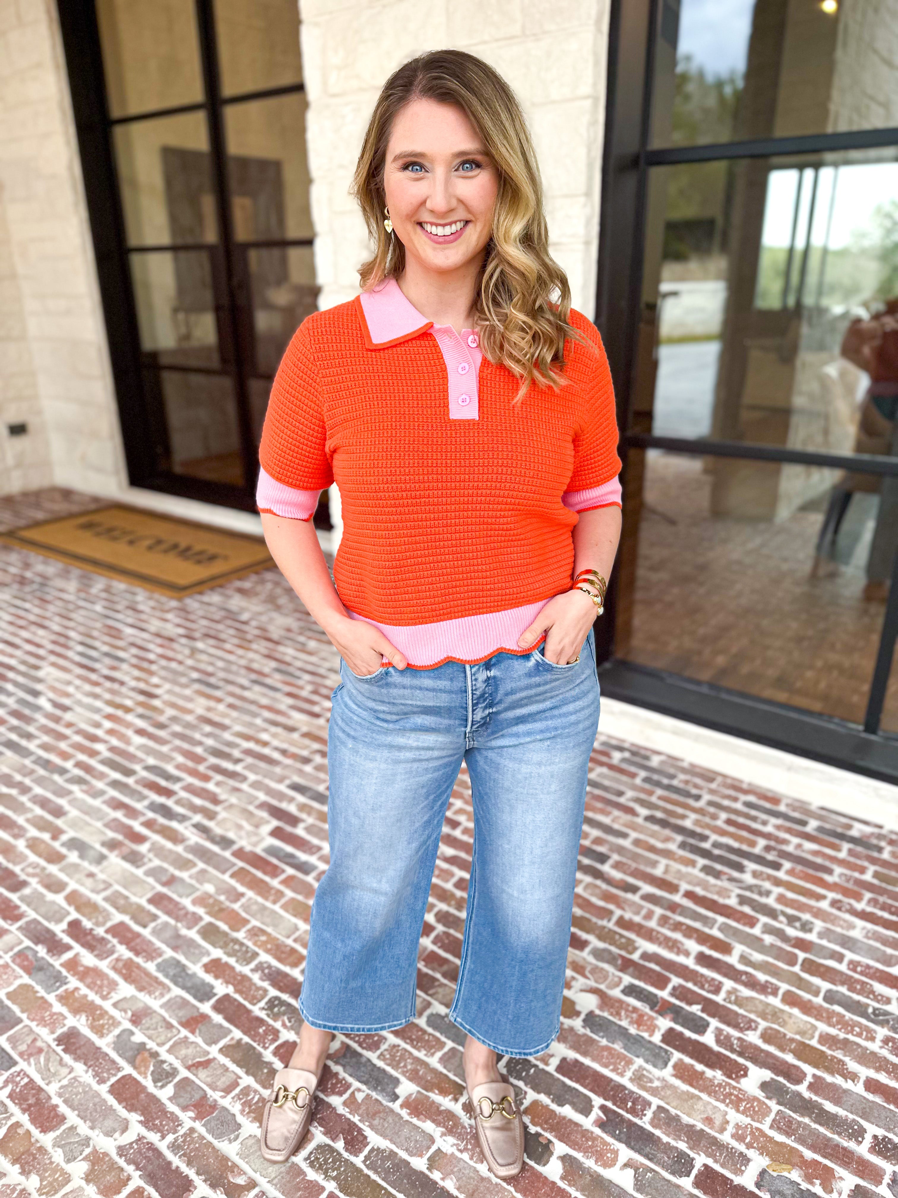 THML - Orange & Pink Collared Knit Top-230 Sweaters/Cardis-THML-July & June Women's Fashion Boutique Located in San Antonio, Texas