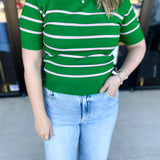 Short Sleeve Stripped Sweater Top - Kelly Green & Pink-230 Sweaters/Cardis-ALLIE ROSE-July & June Women's Fashion Boutique Located in San Antonio, Texas
