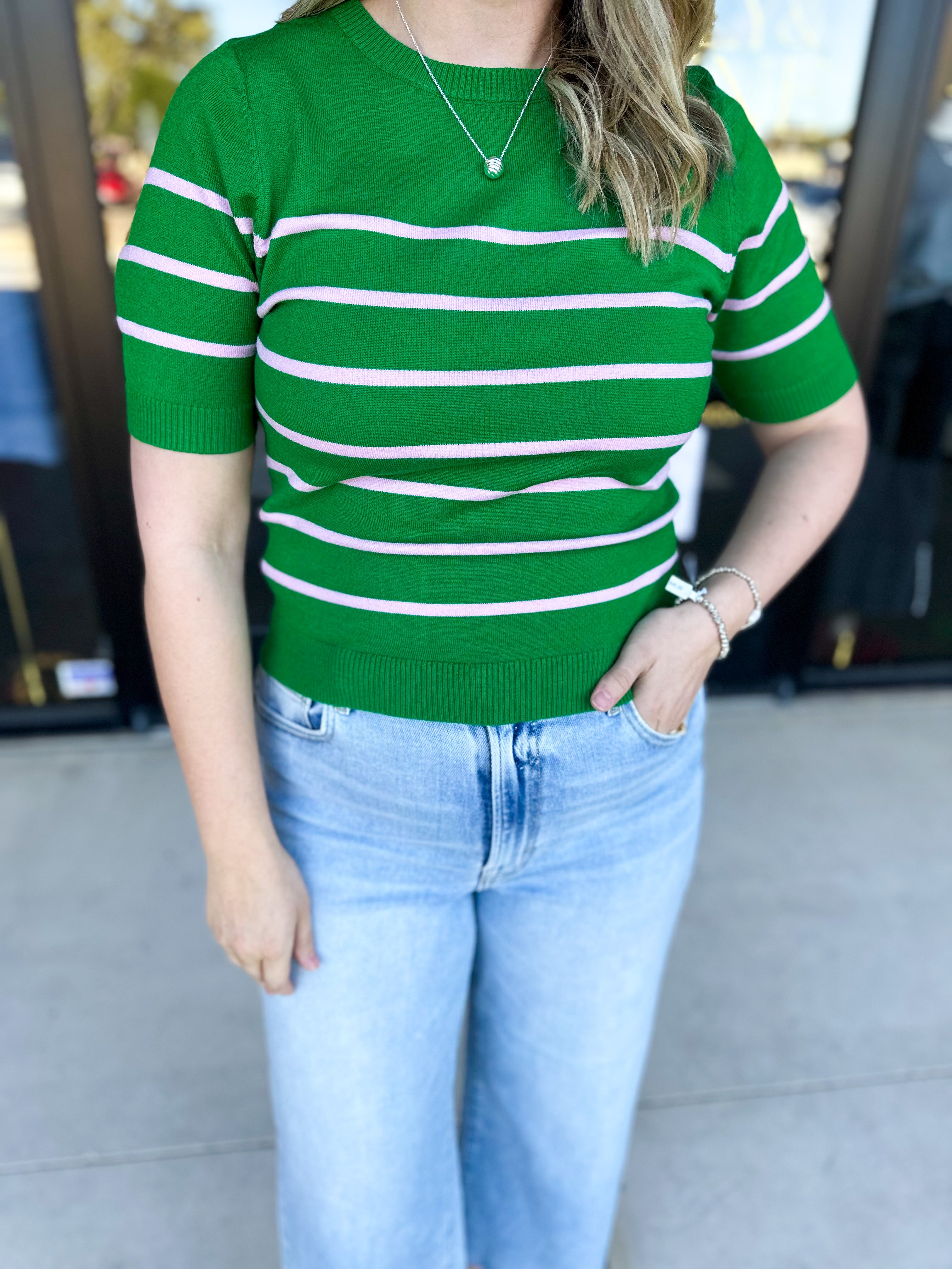 Short Sleeve Stripped Sweater Top - Kelly Green & Pink-230 Sweaters/Cardis-ALLIE ROSE-July & June Women's Fashion Boutique Located in San Antonio, Texas