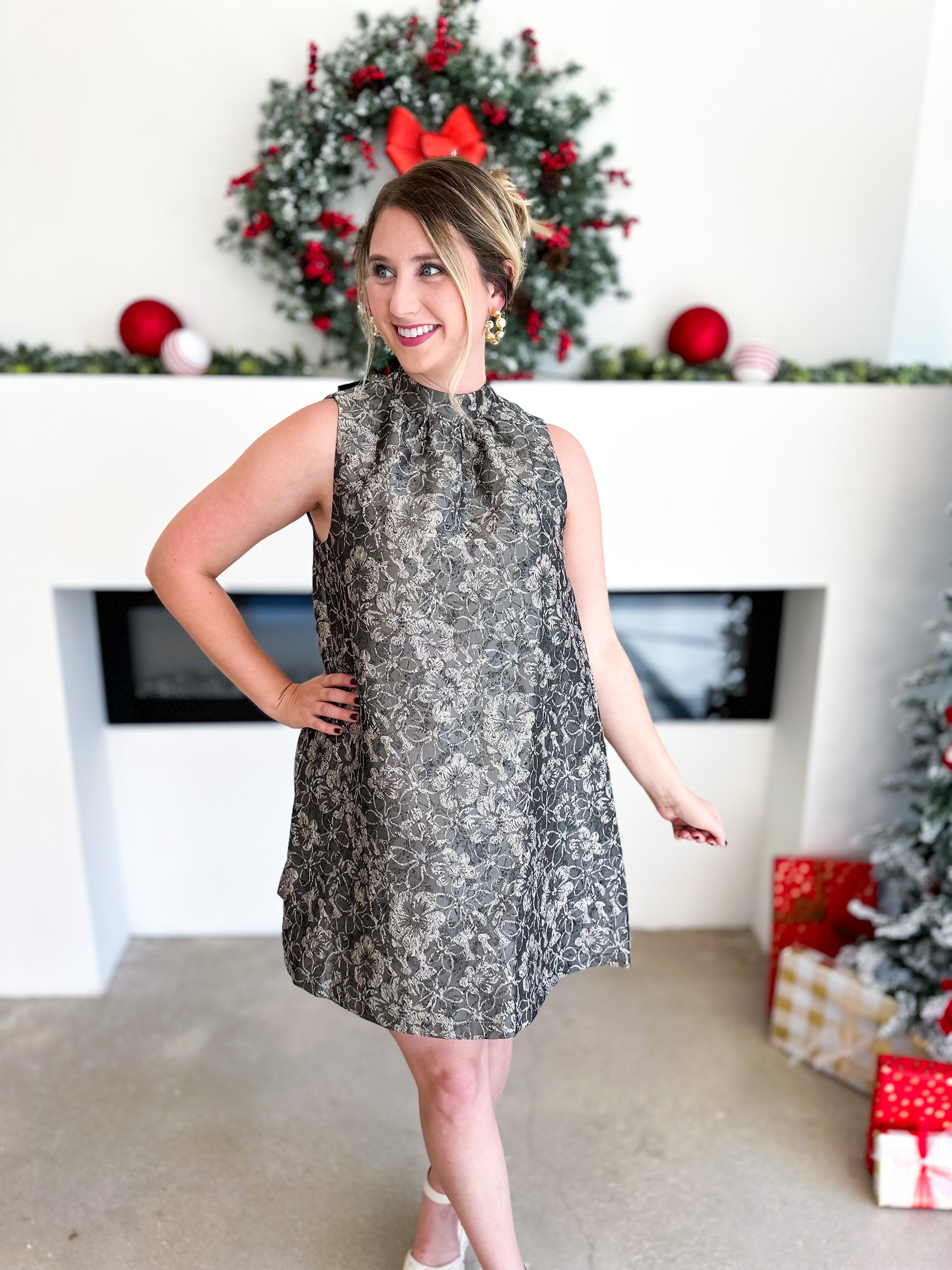 Olive Floral High Neck Mini Dress-510 Mini-FATE-July & June Women's Fashion Boutique Located in San Antonio, Texas