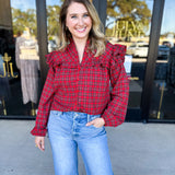 Tartan Ruffle Blouse-200 Fashion Blouses-FATE-July & June Women's Fashion Boutique Located in San Antonio, Texas