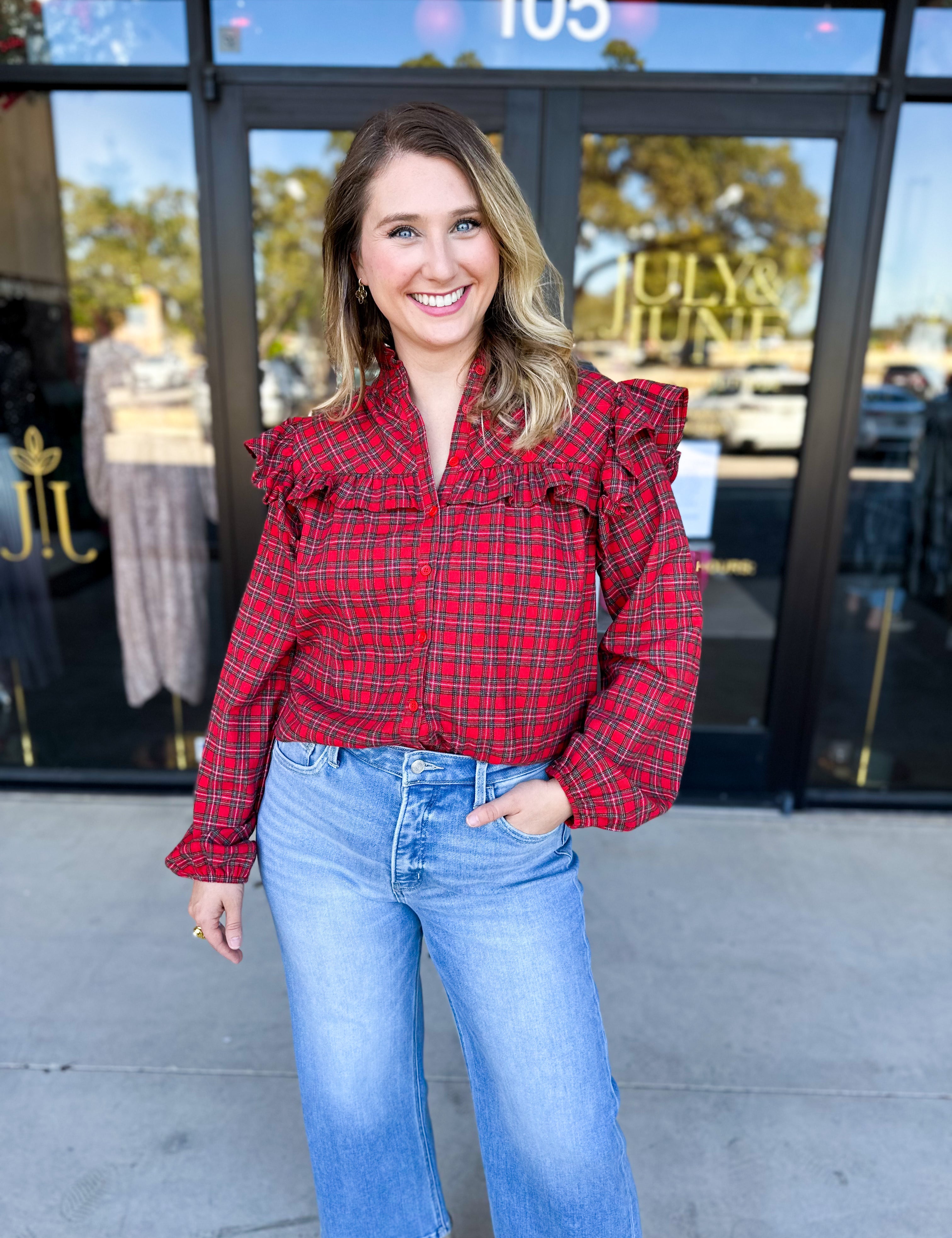 Tartan Ruffle Blouse-200 Fashion Blouses-FATE-July & June Women's Fashion Boutique Located in San Antonio, Texas