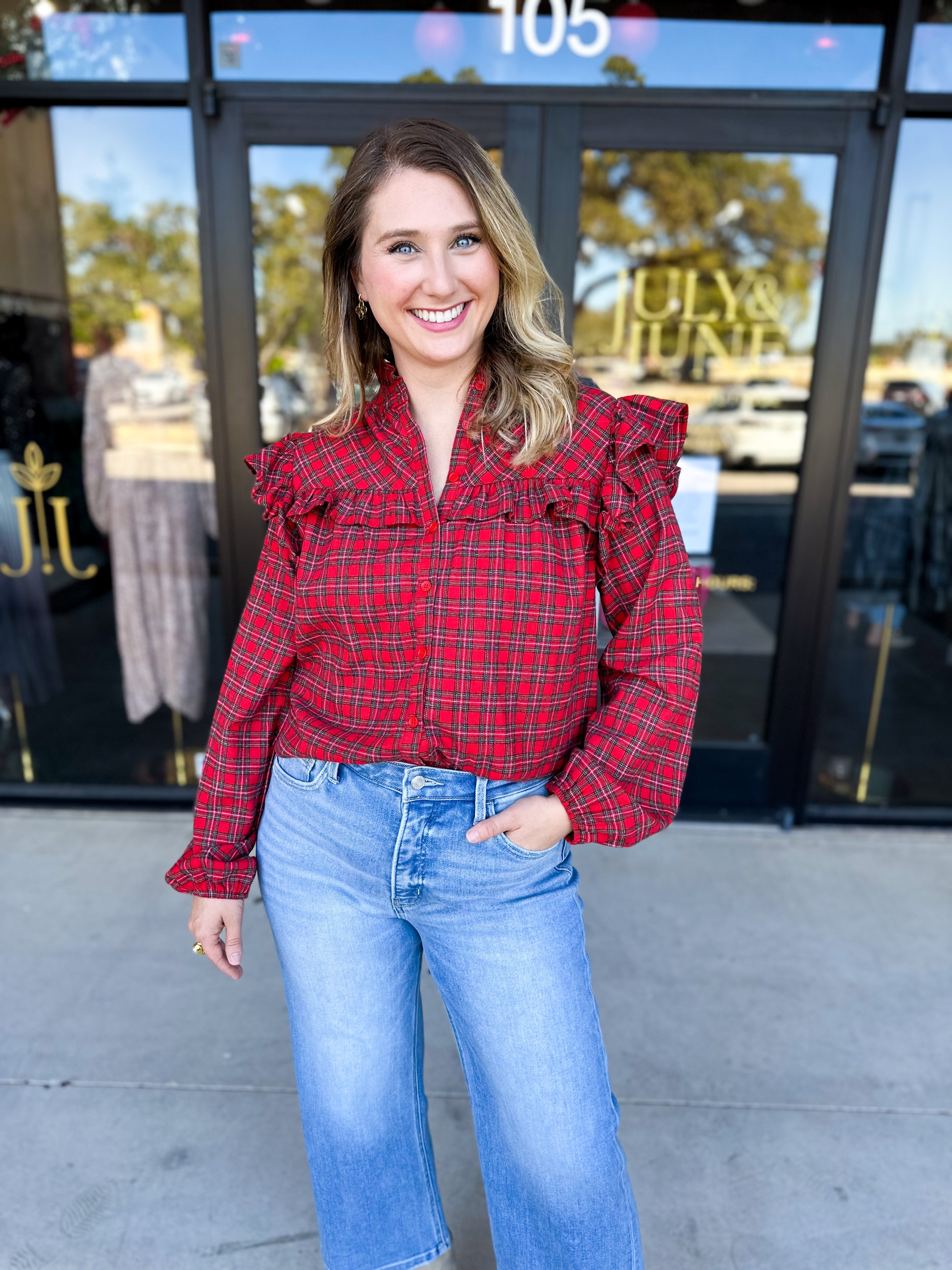 Tartan Ruffle Blouse-200 Fashion Blouses-FATE-July & June Women's Fashion Boutique Located in San Antonio, Texas