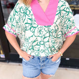 Green & Pink Floral Blouse-200 Fashion Blouses-ENTRO-July & June Women's Fashion Boutique Located in San Antonio, Texas