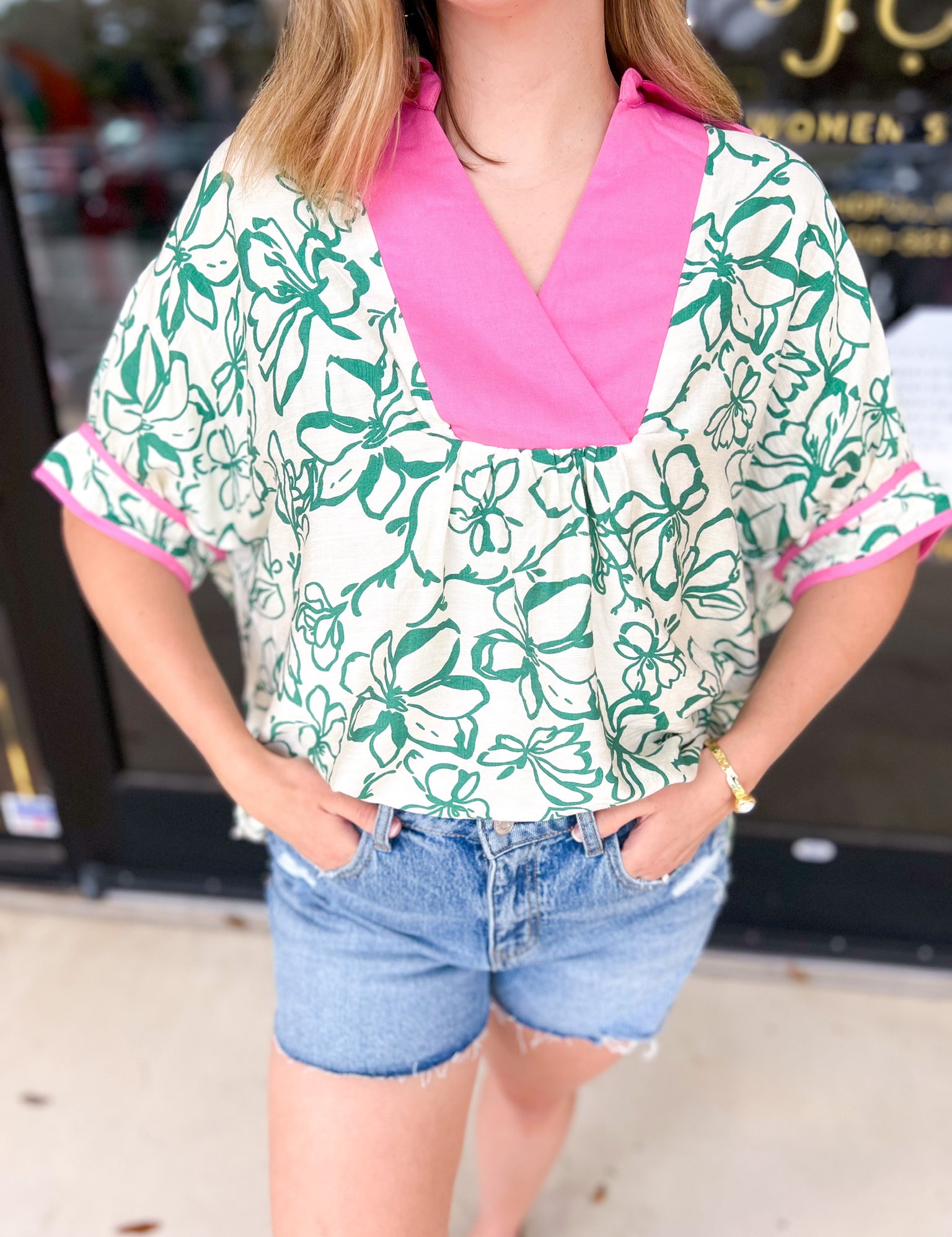 Green & Pink Floral Blouse-200 Fashion Blouses-ENTRO-July & June Women's Fashion Boutique Located in San Antonio, Texas