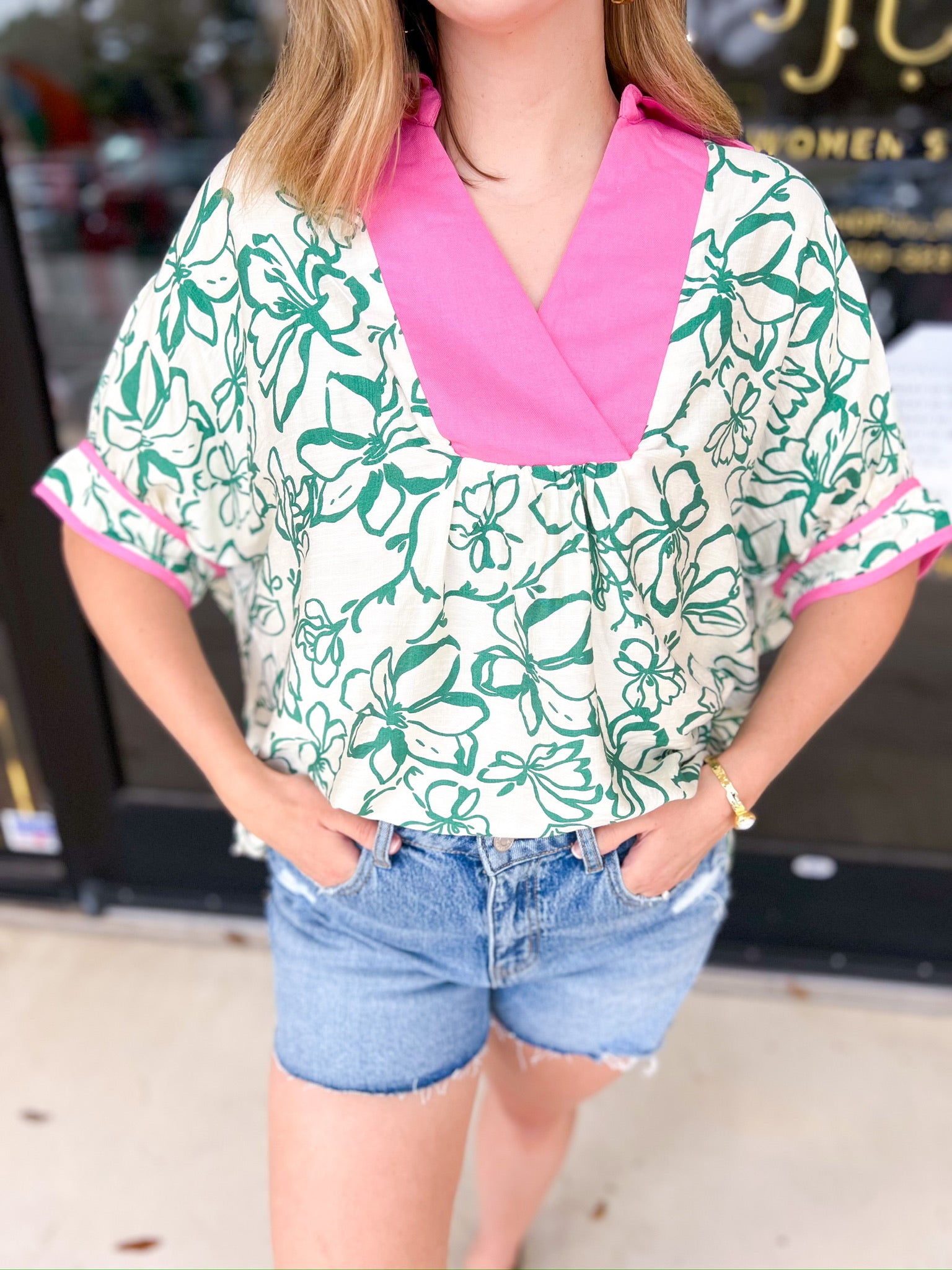 Green & Pink Floral Blouse-200 Fashion Blouses-ENTRO-July & June Women's Fashion Boutique Located in San Antonio, Texas