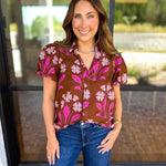 Pink & Chocolate Floral Blouse-200 Fashion Blouses-TCEC-July & June Women's Fashion Boutique Located in San Antonio, Texas