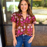 Pink & Chocolate Floral Blouse-200 Fashion Blouses-TCEC-July & June Women's Fashion Boutique Located in San Antonio, Texas