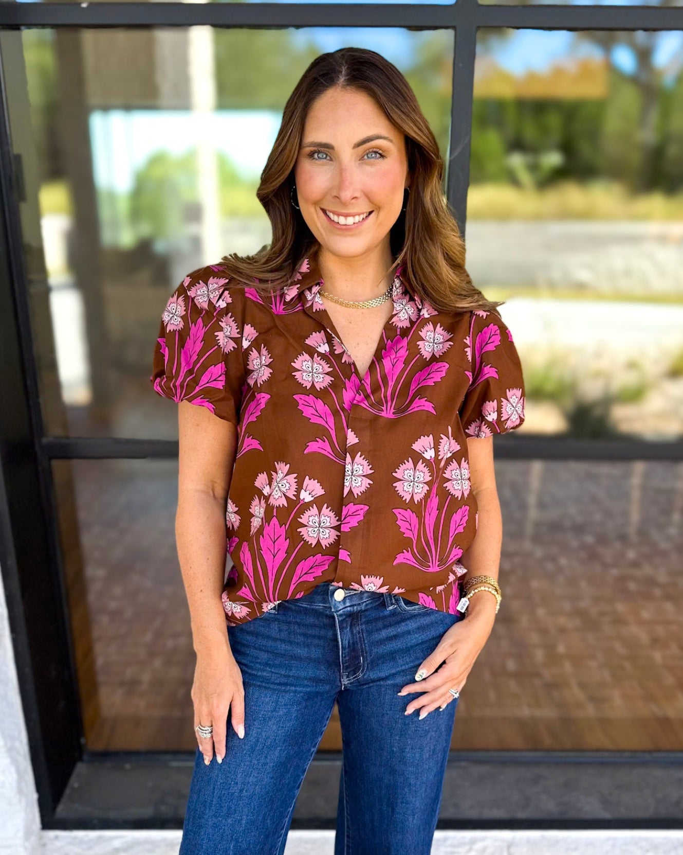 Pink & Chocolate Floral Blouse-200 Fashion Blouses-TCEC-July & June Women's Fashion Boutique Located in San Antonio, Texas