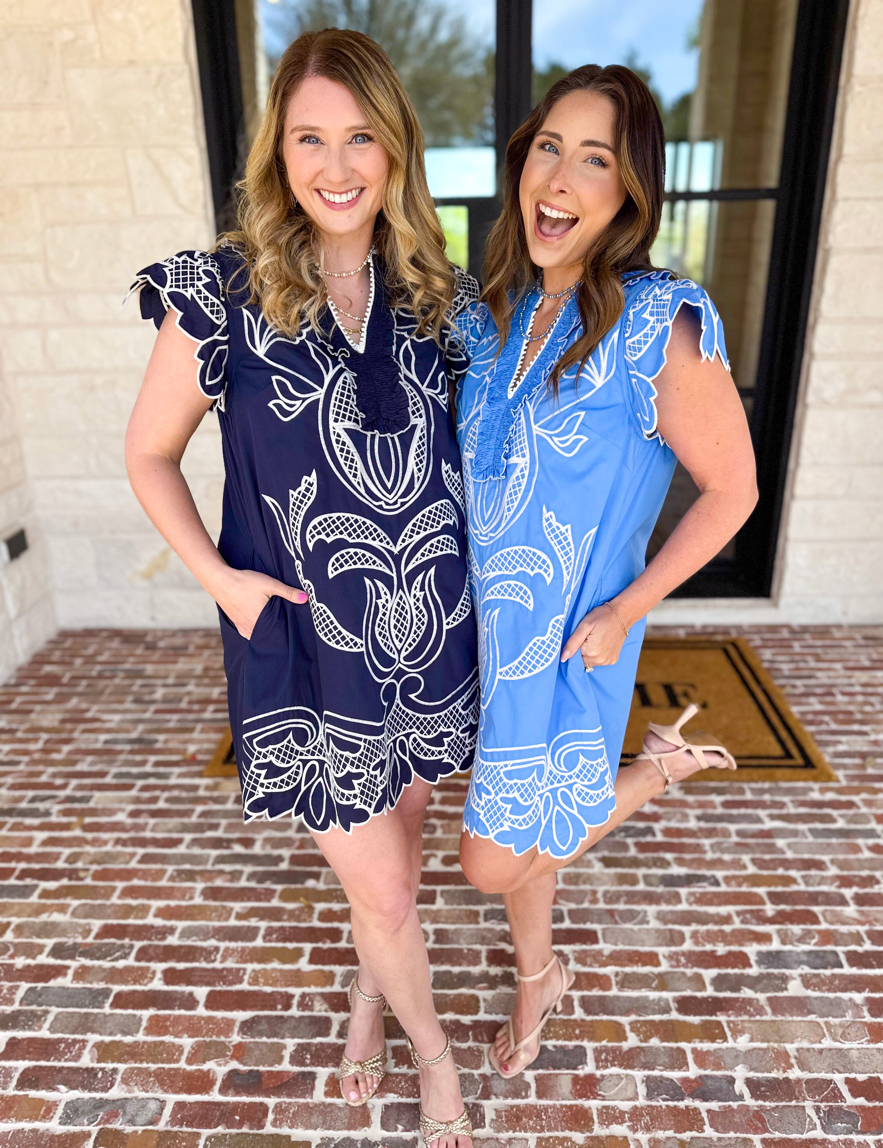 Bloom Embroidered Mini Dress - Navy-510 Mini-ENTRO-July & June Women's Fashion Boutique Located in San Antonio, Texas
