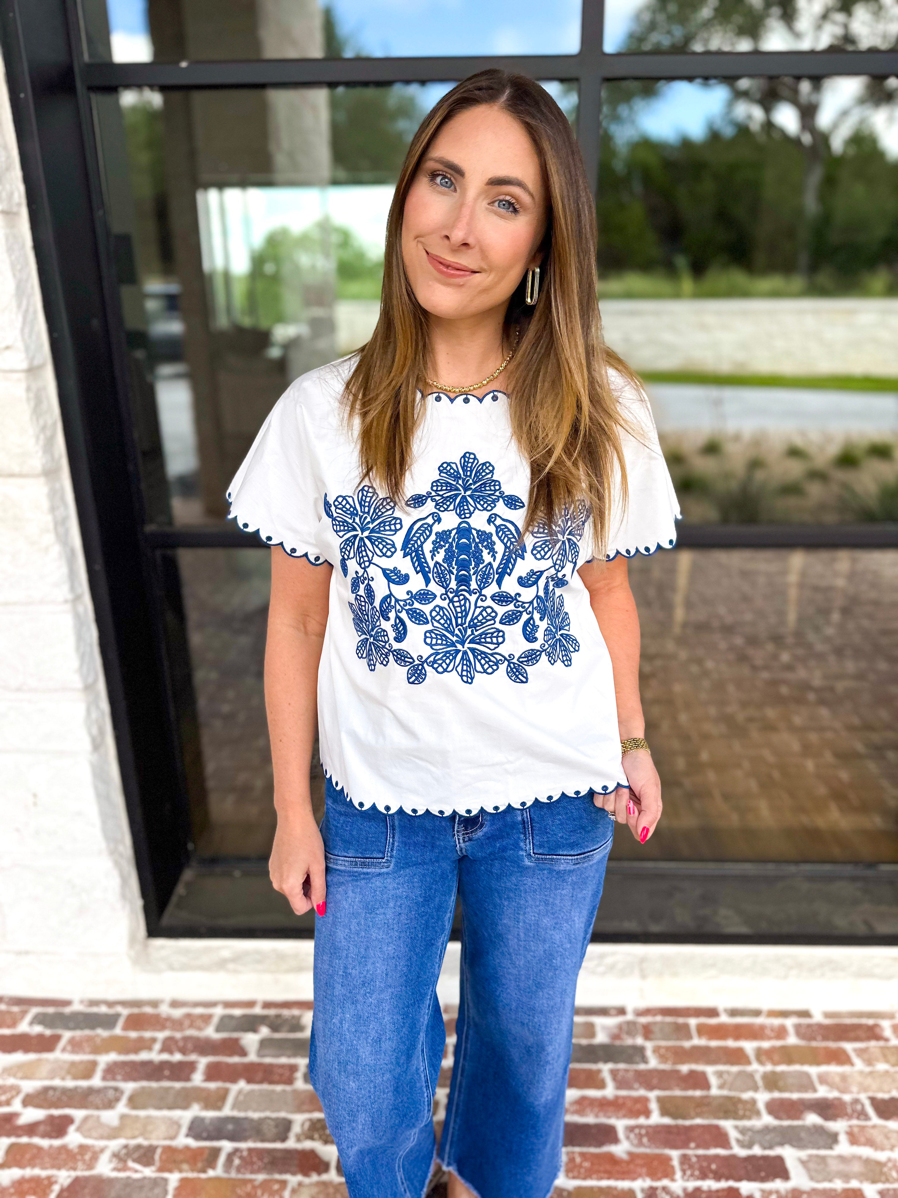 Coastal Embroidered Blouse - White-200 Fashion Blouses-JODIFL-July & June Women's Fashion Boutique Located in San Antonio, Texas