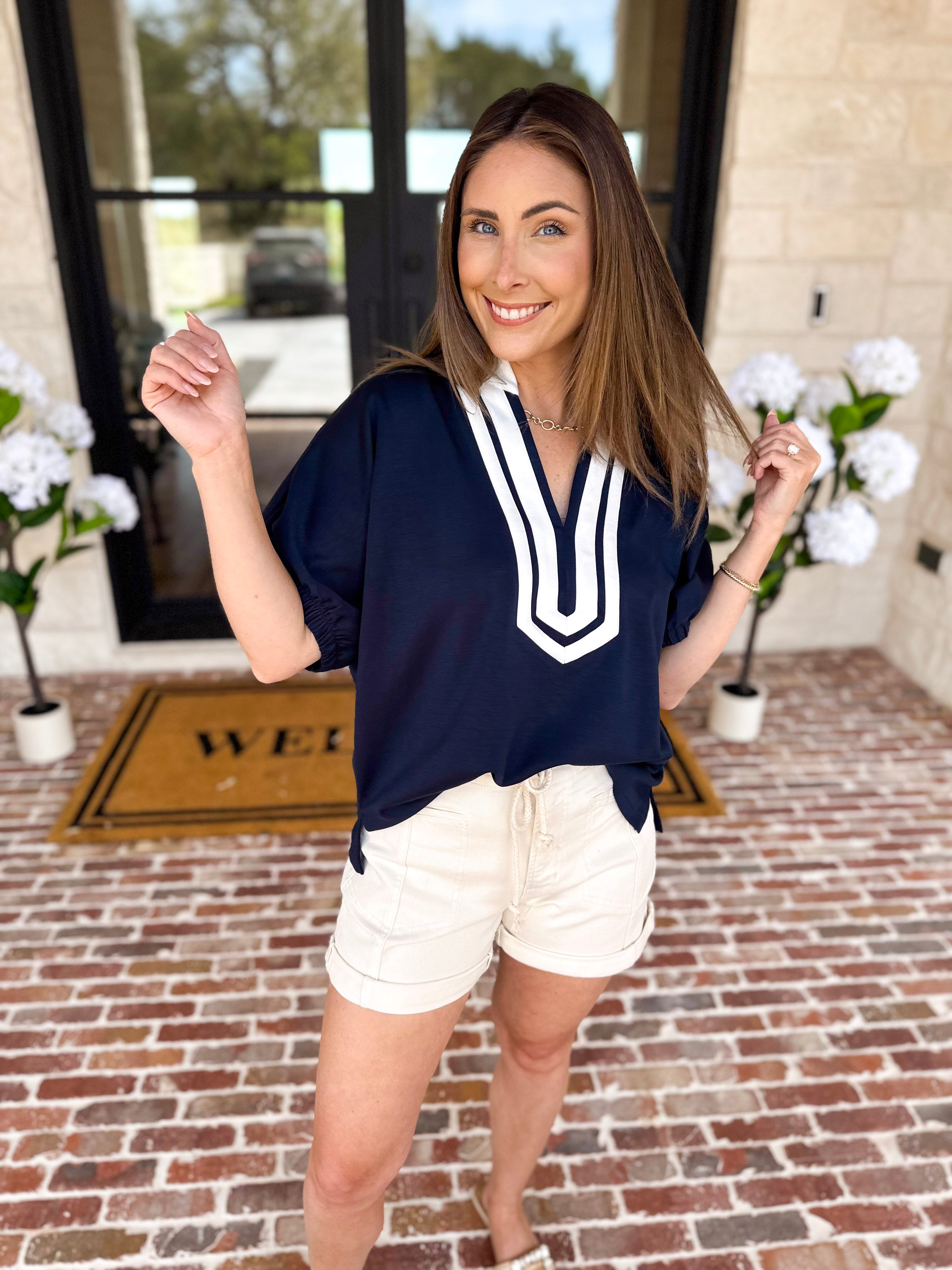 The Sophia Top - Navy-200 Fashion Blouses-ENTRO-July & June Women's Fashion Boutique Located in San Antonio, Texas