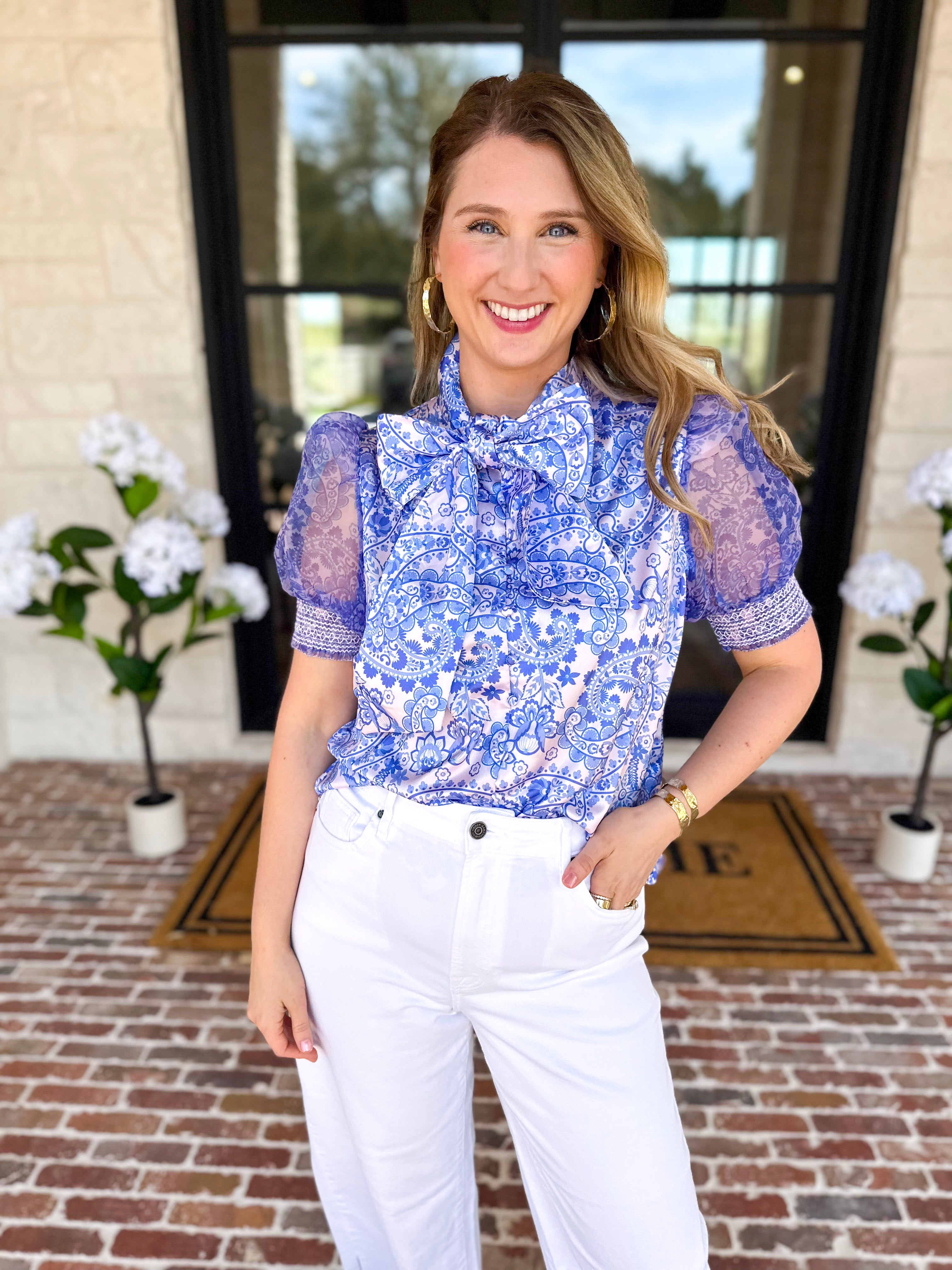 Blue Paisley Blouse-200 Fashion Blouses-FATE-July & June Women's Fashion Boutique Located in San Antonio, Texas