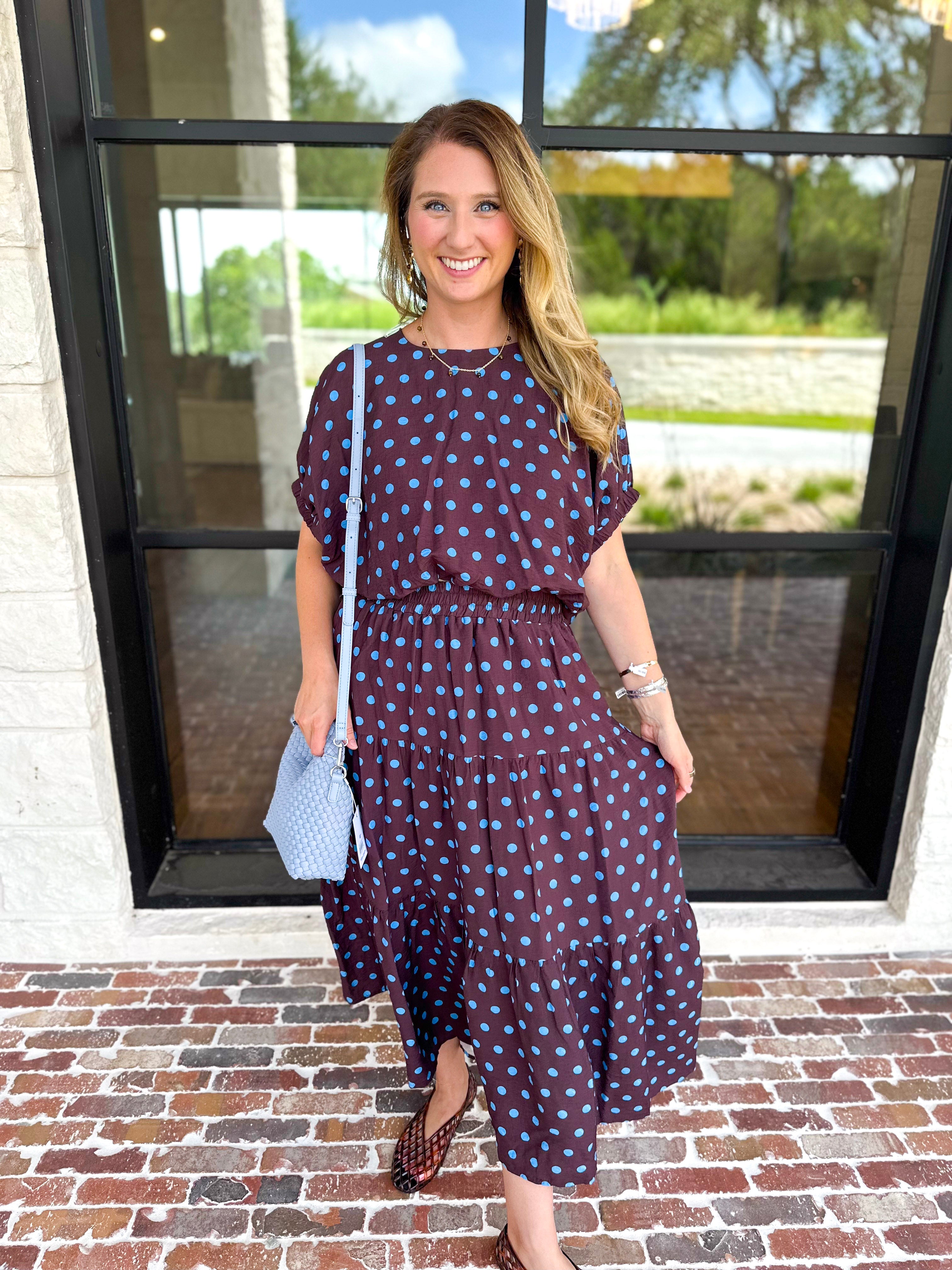 Darling in Dots Set - Brown & Blue-500 Midi-ENTRO-July & June Women's Fashion Boutique Located in San Antonio, Texas