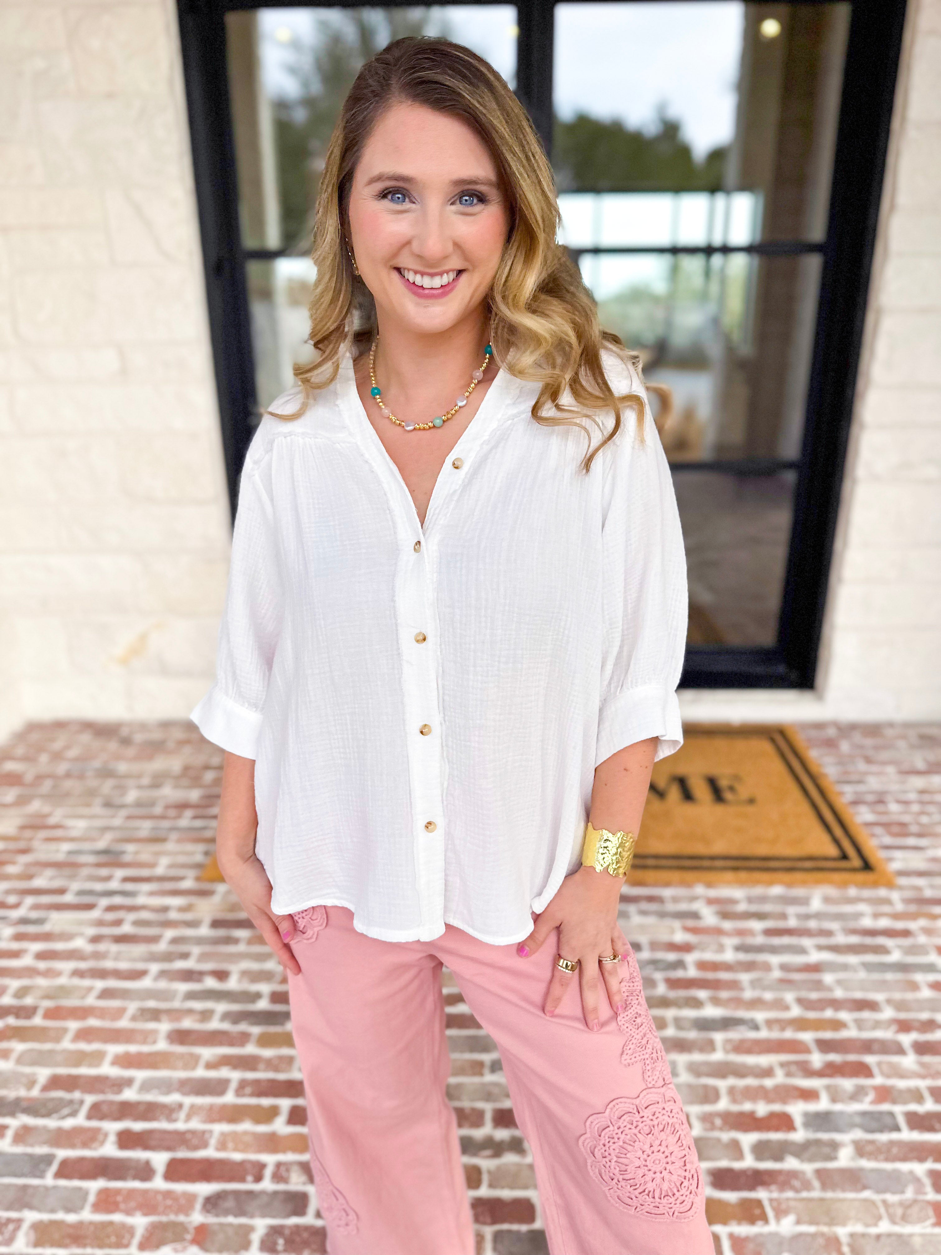 Gauze Button Down Blouse - Ivory-200 Fashion Blouses-IN FEBRUARY-July & June Women's Fashion Boutique Located in San Antonio, Texas