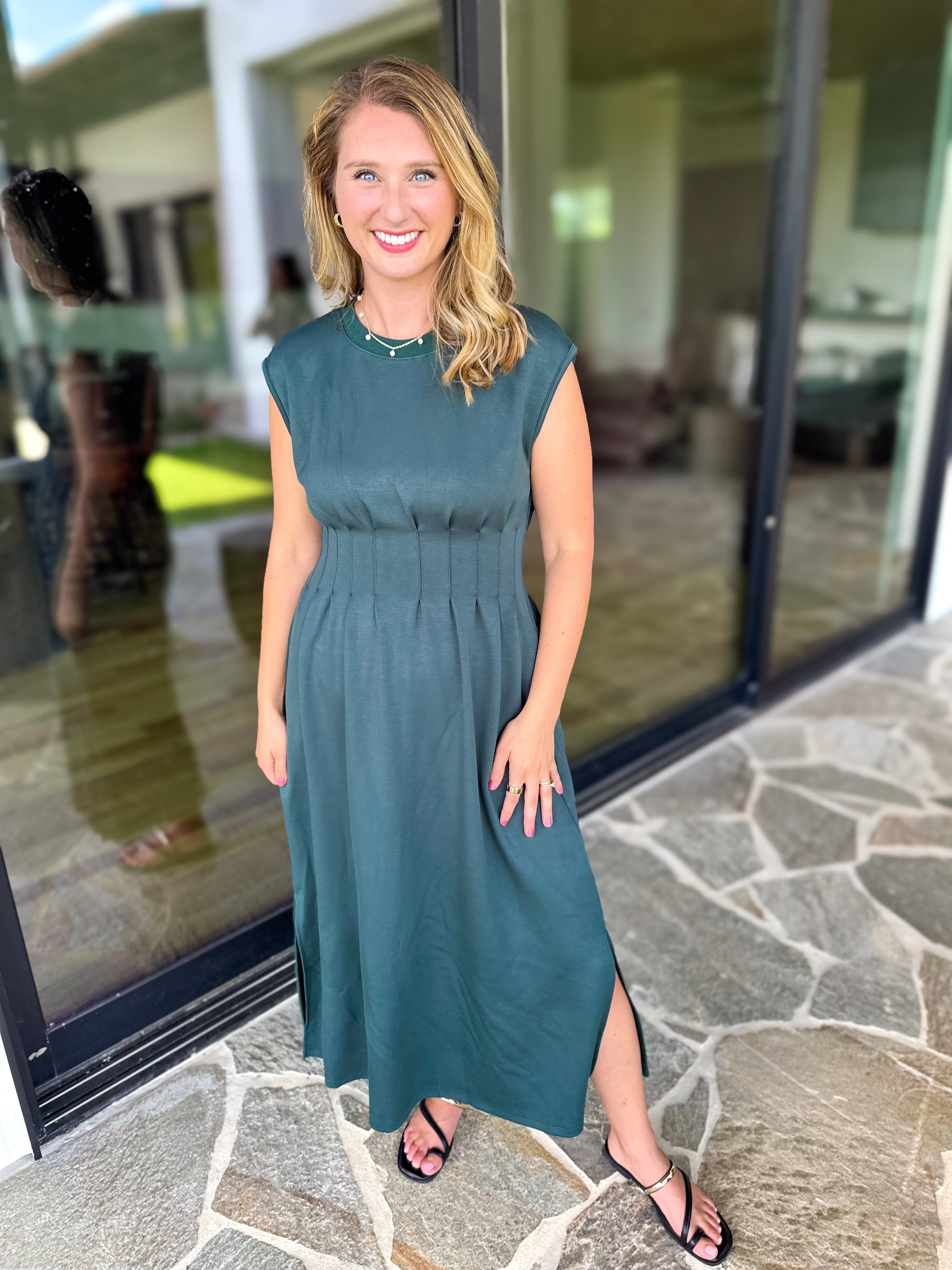Polished Pin-Tuck Midi Dress - Pine Green-500 Midi-ENTRO-July & June Women's Fashion Boutique Located in San Antonio, Texas