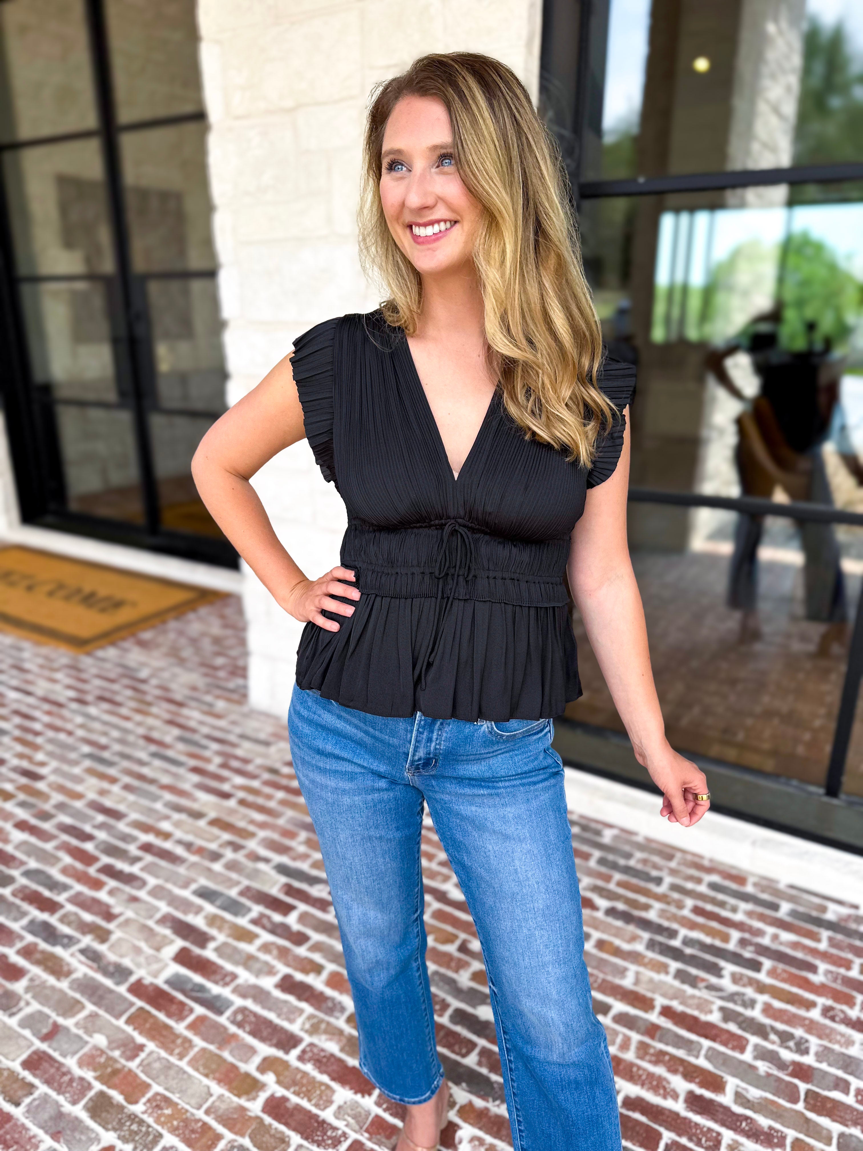 Current Air - Black Satin Date Night Blouse-200 Fashion Blouses-CURRENT AIR CLOTHING-July & June Women's Fashion Boutique Located in San Antonio, Texas