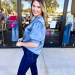 Pink Friday Doorbuster - Puff Sleeve Satin Blouse - Slate - IN STORE-PINK FRIDAY DOORBUSTERS-GLAM-July & June Women's Fashion Boutique Located in San Antonio, Texas