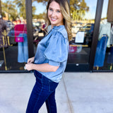 Pink Friday Doorbuster - Puff Sleeve Satin Blouse - Slate - IN STORE-PINK FRIDAY DOORBUSTERS-GLAM-July & June Women's Fashion Boutique Located in San Antonio, Texas