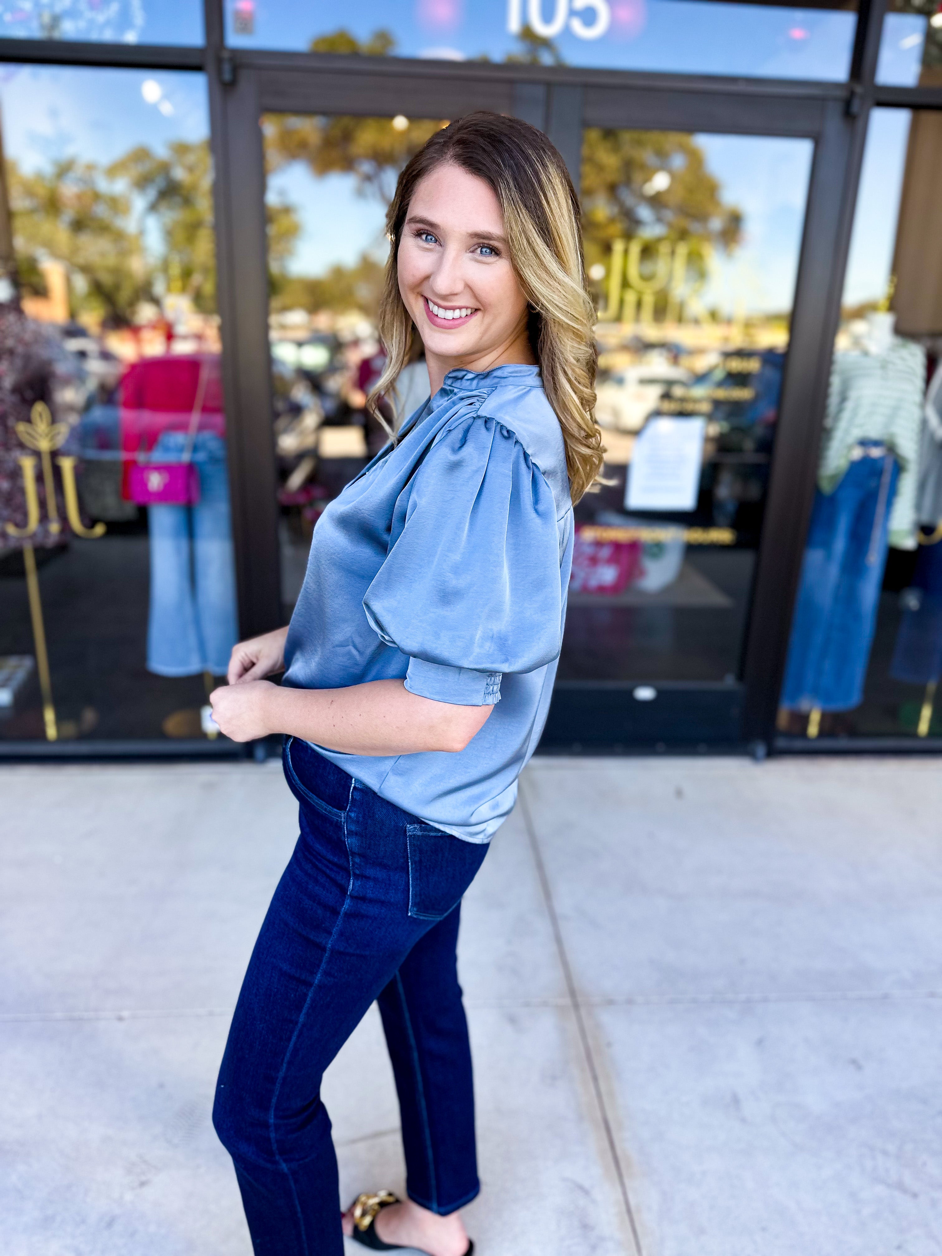 Pink Friday Doorbuster - Puff Sleeve Satin Blouse - Slate - IN STORE-PINK FRIDAY DOORBUSTERS-GLAM-July & June Women's Fashion Boutique Located in San Antonio, Texas