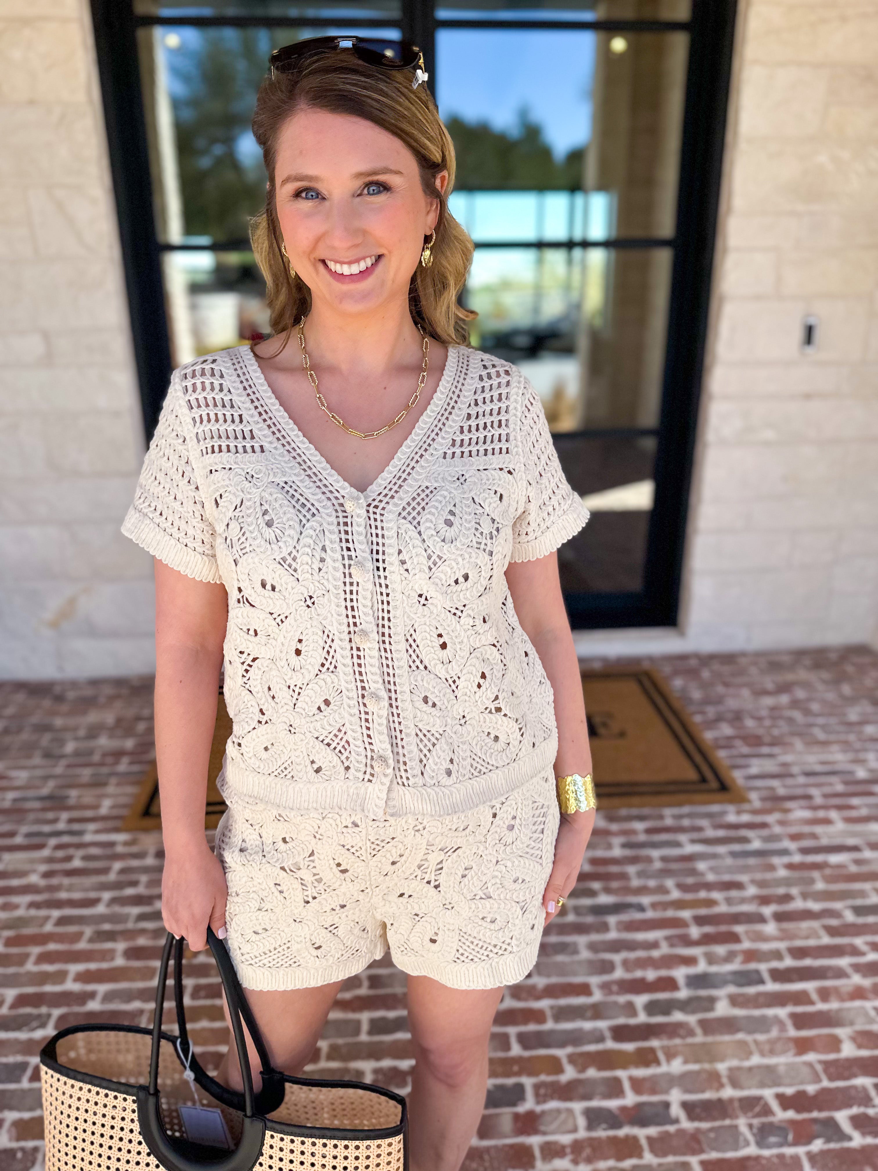 Luxe Crochet Knit Shorts Set-200 Fashion Blouses-SKIES ARE BLUE-July & June Women's Fashion Boutique Located in San Antonio, Texas