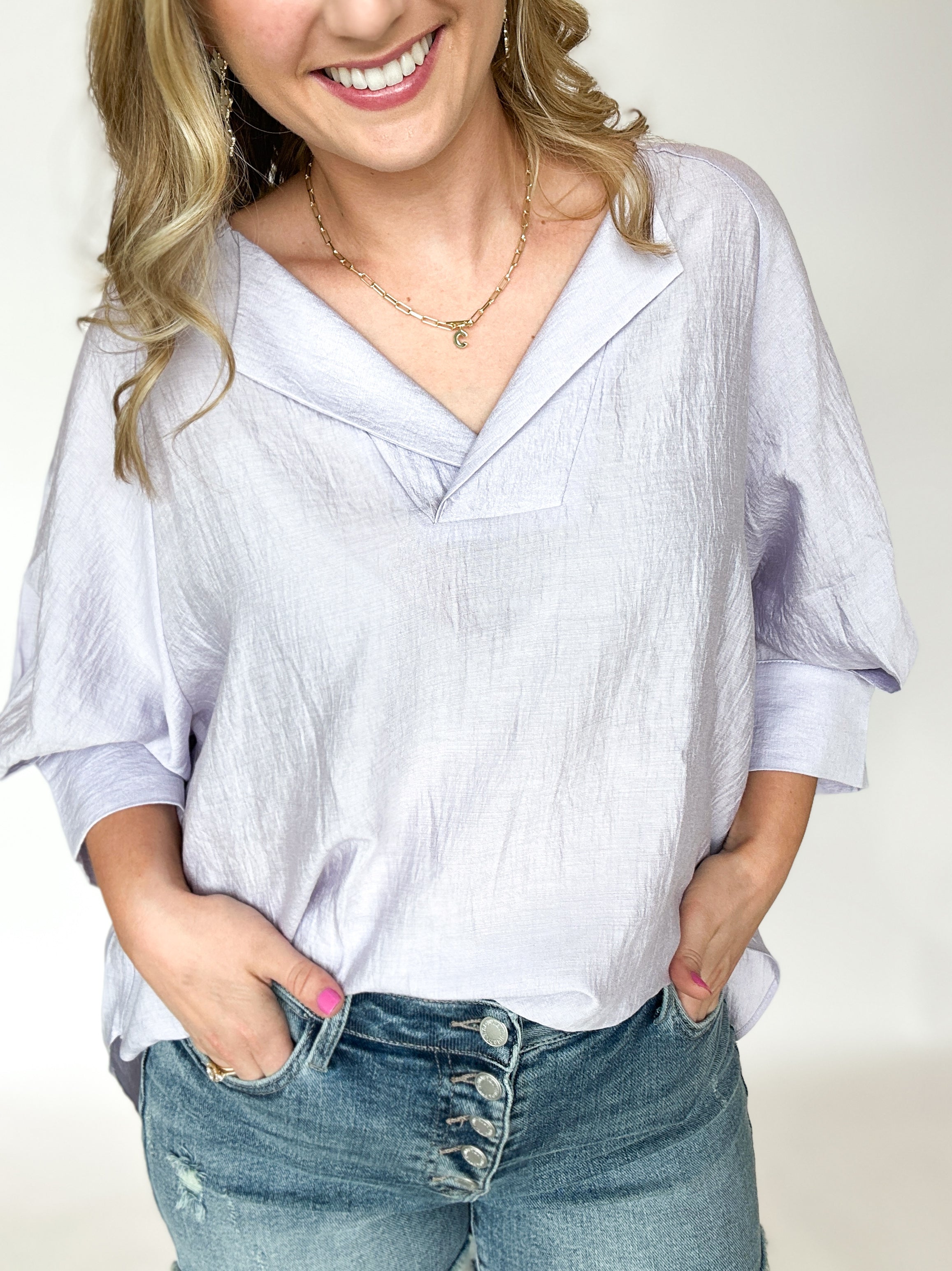 Oversized Collared Blouse - Lilac-200 Fashion Blouses-ALLIE ROSE-July & June Women's Fashion Boutique Located in San Antonio, Texas