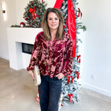 Velvet Floral Blouse - Burgundy-200 Fashion Blouses-JODIFL-July & June Women's Fashion Boutique Located in San Antonio, Texas