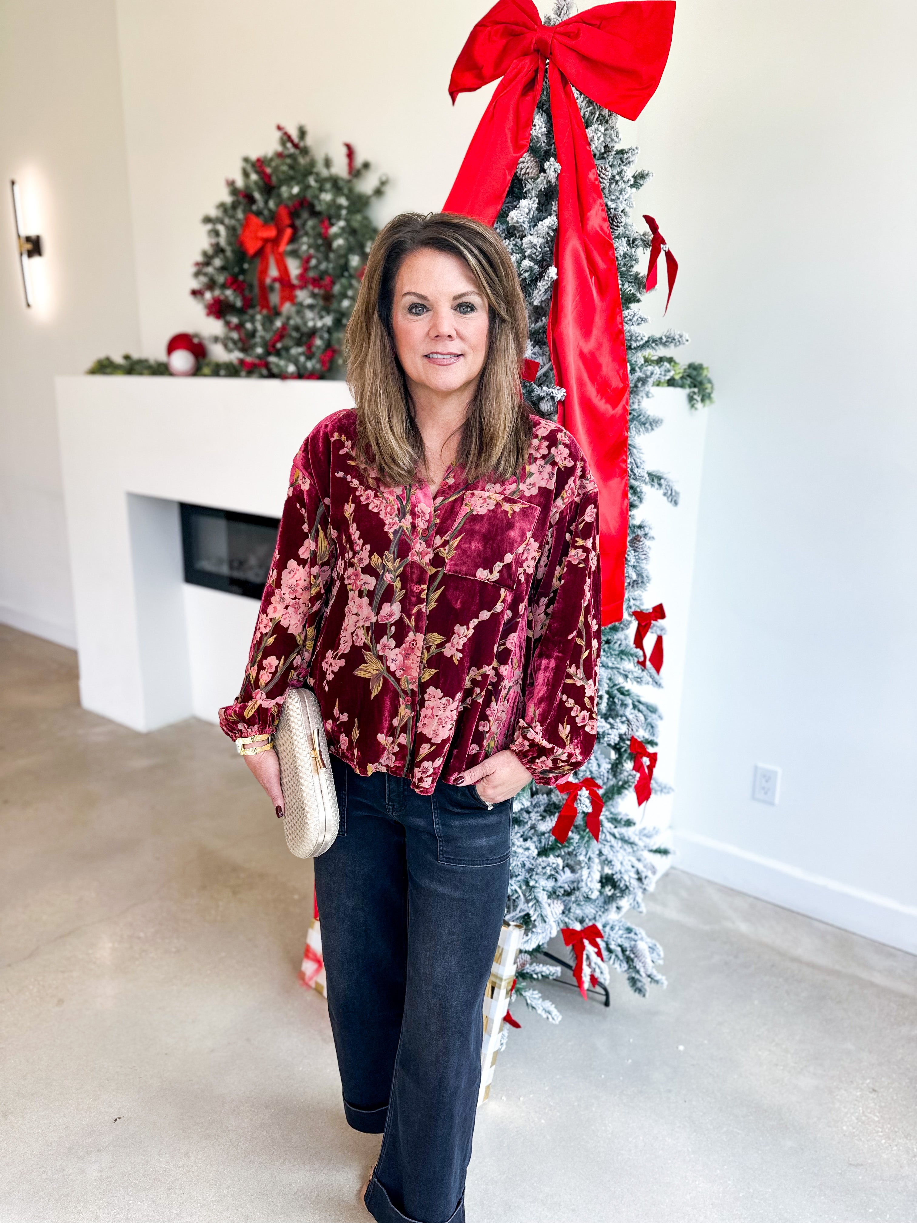 Velvet Floral Blouse - Burgundy-200 Fashion Blouses-JODIFL-July & June Women's Fashion Boutique Located in San Antonio, Texas