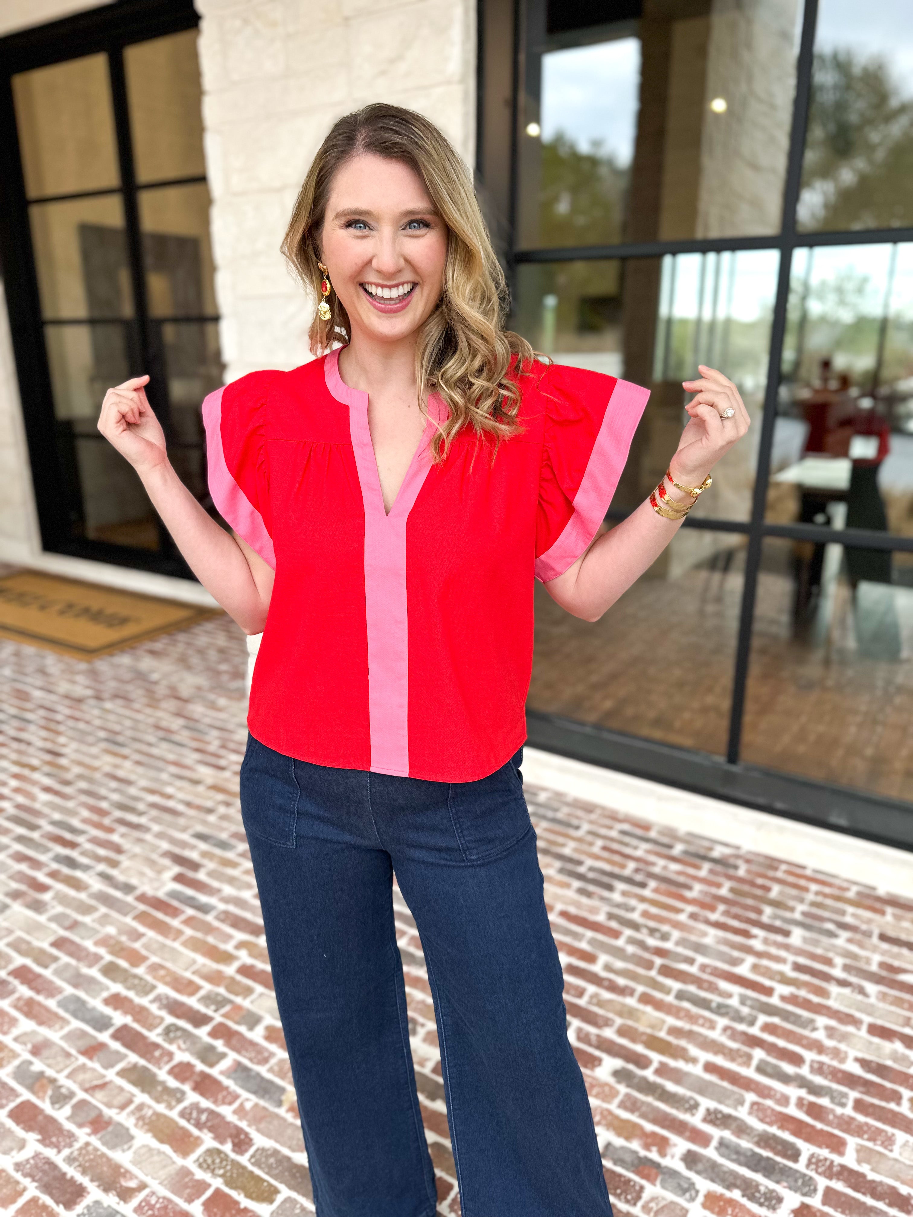 THML - Bold Flutter Sleeve Blouse-200 Fashion Blouses-THML-July & June Women's Fashion Boutique Located in San Antonio, Texas