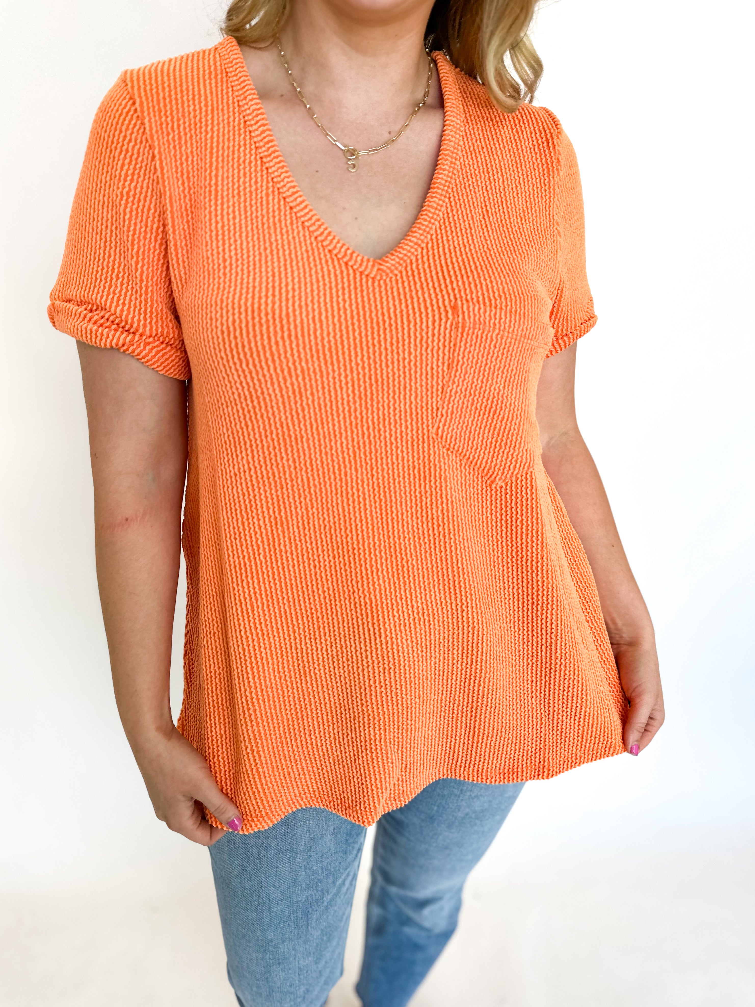 Ribbed V-Neck Tee - Sherbert-210 Casual Blouses-ENTRO-July & June Women's Fashion Boutique Located in San Antonio, Texas