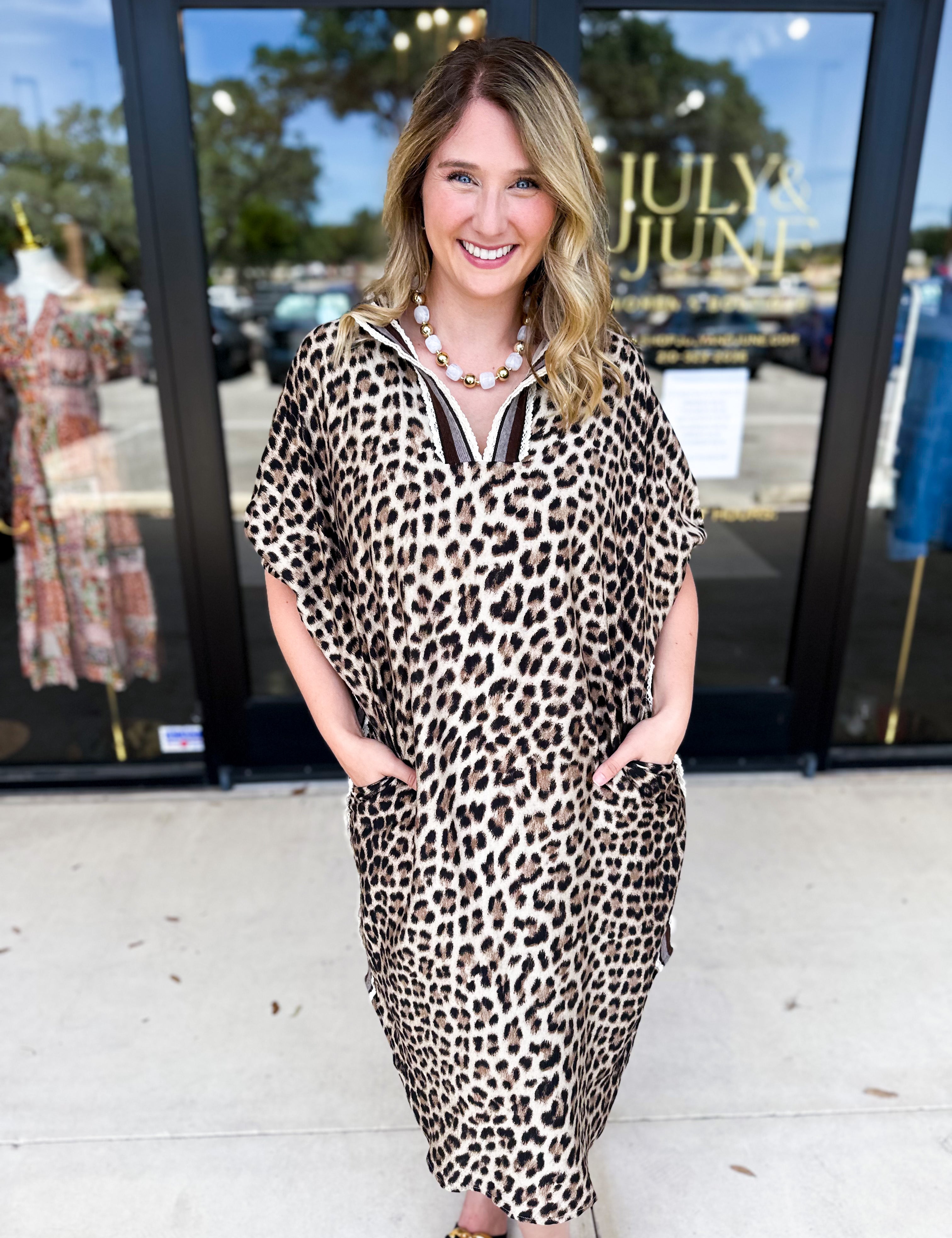 Leopard Caftan Midi Dress - Mocha-500 Midi-ENTRO-July & June Women's Fashion Boutique Located in San Antonio, Texas